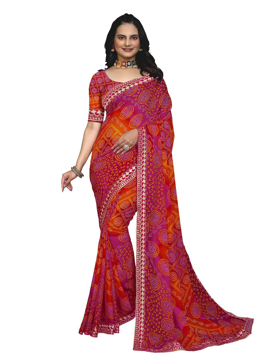 Kanooda Prints Printed Bandhani Georgette Saree (Pink)