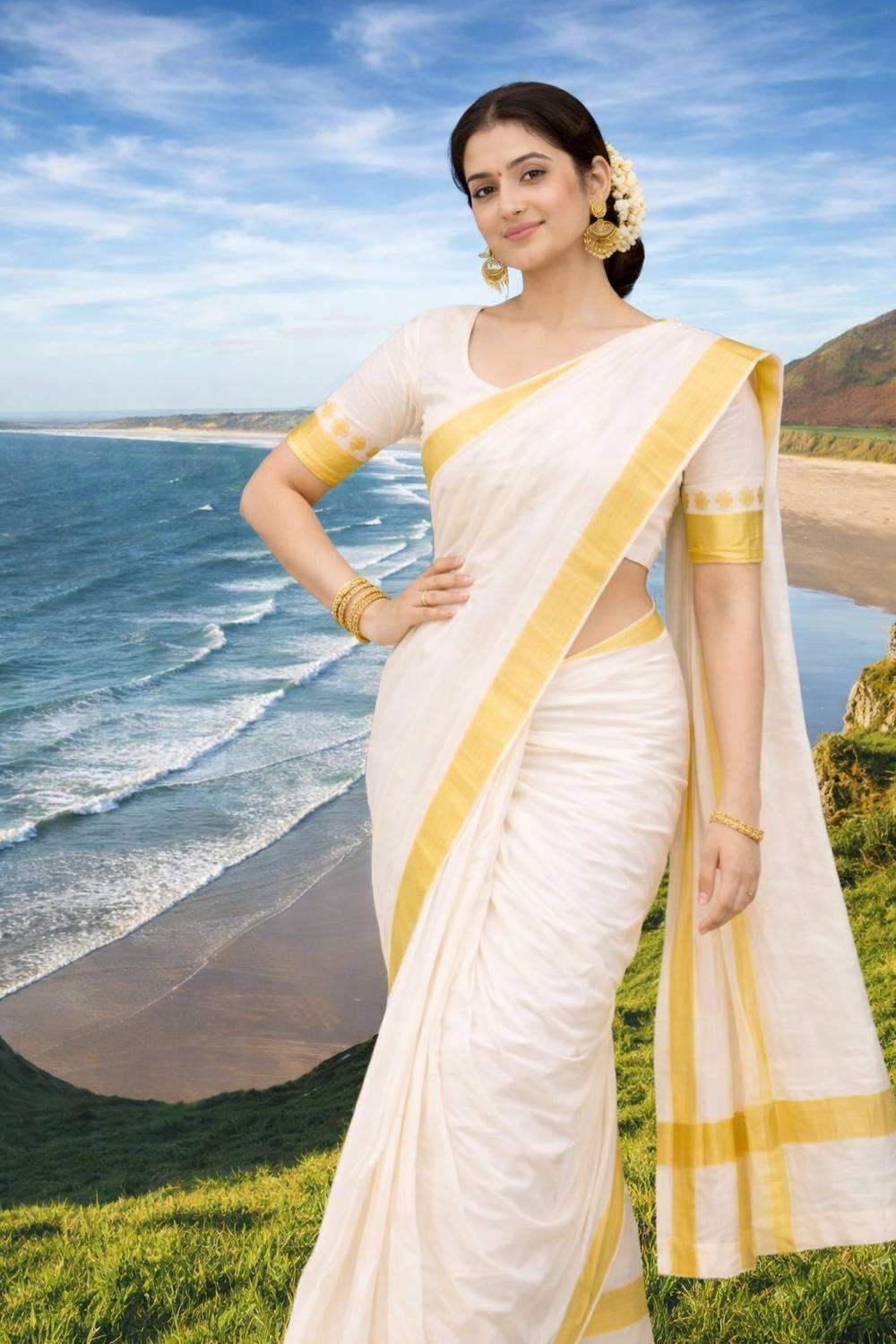 ANTIK Solid/Plain Kasavu Cotton Silk Saree