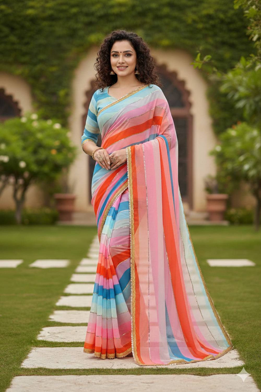 GAVUBAA Floral Print Bollywood Georgette Saree (Multicolor)