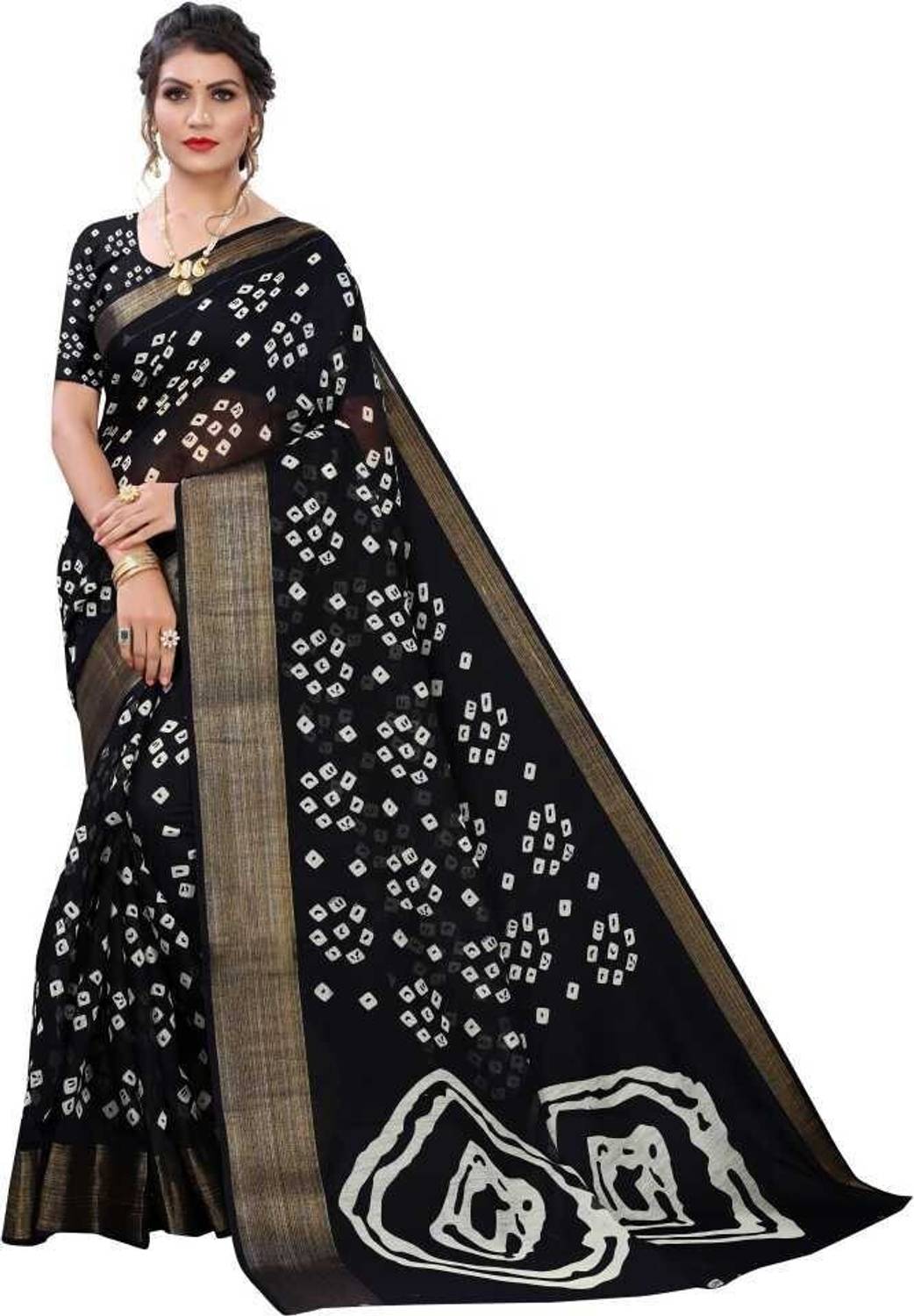 Bansari Textiles Printed, Geometric Print Bandhani Cotton Blend Saree