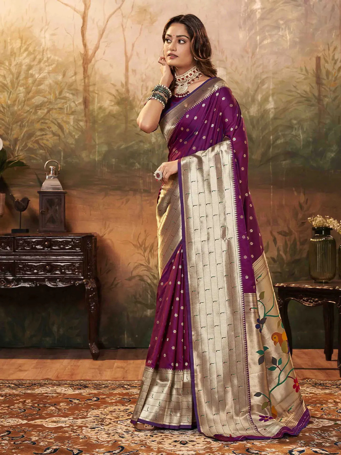 Image of Kalapushpi Woven Paithani Silk Blend, Pure Silk Saree