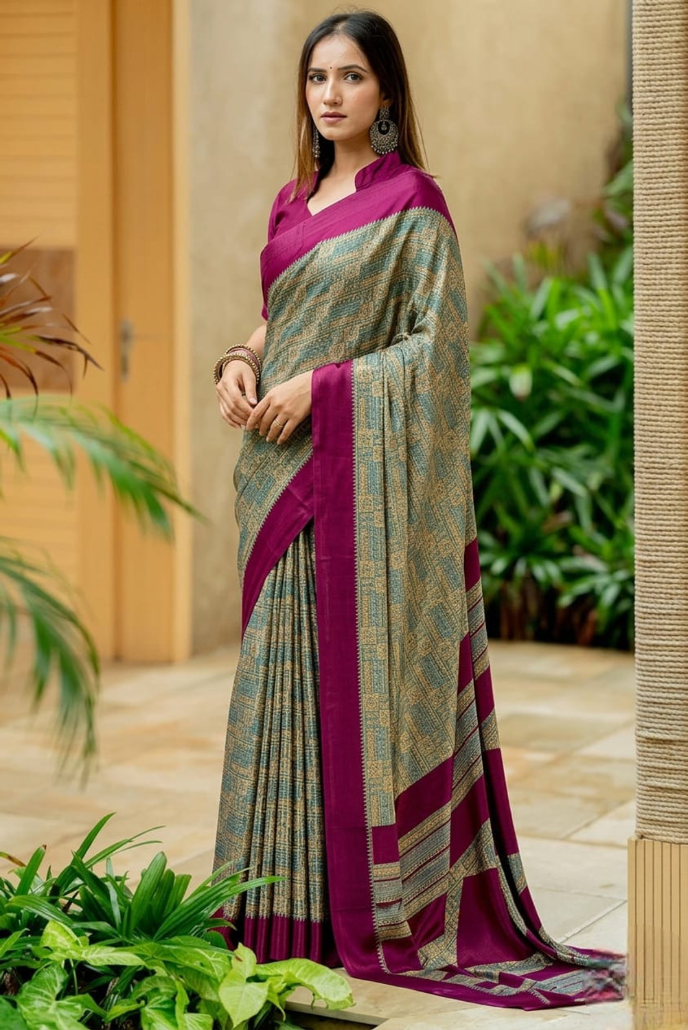 Image of SimSim Trendz Geometric Print Daily Wear Crepe Saree