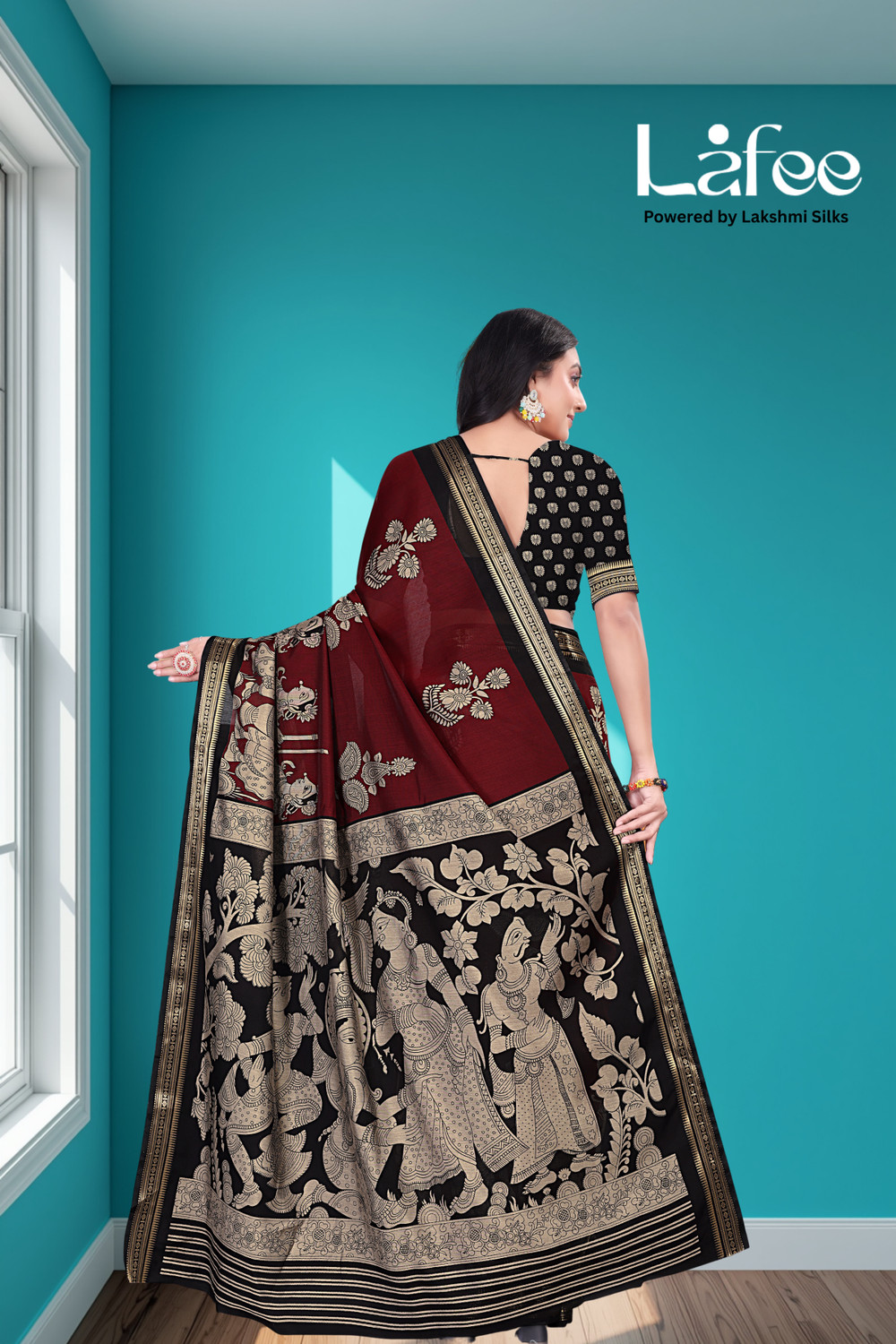 Image of lakshmi silks Printed Kalamkari Cotton Blend Saree