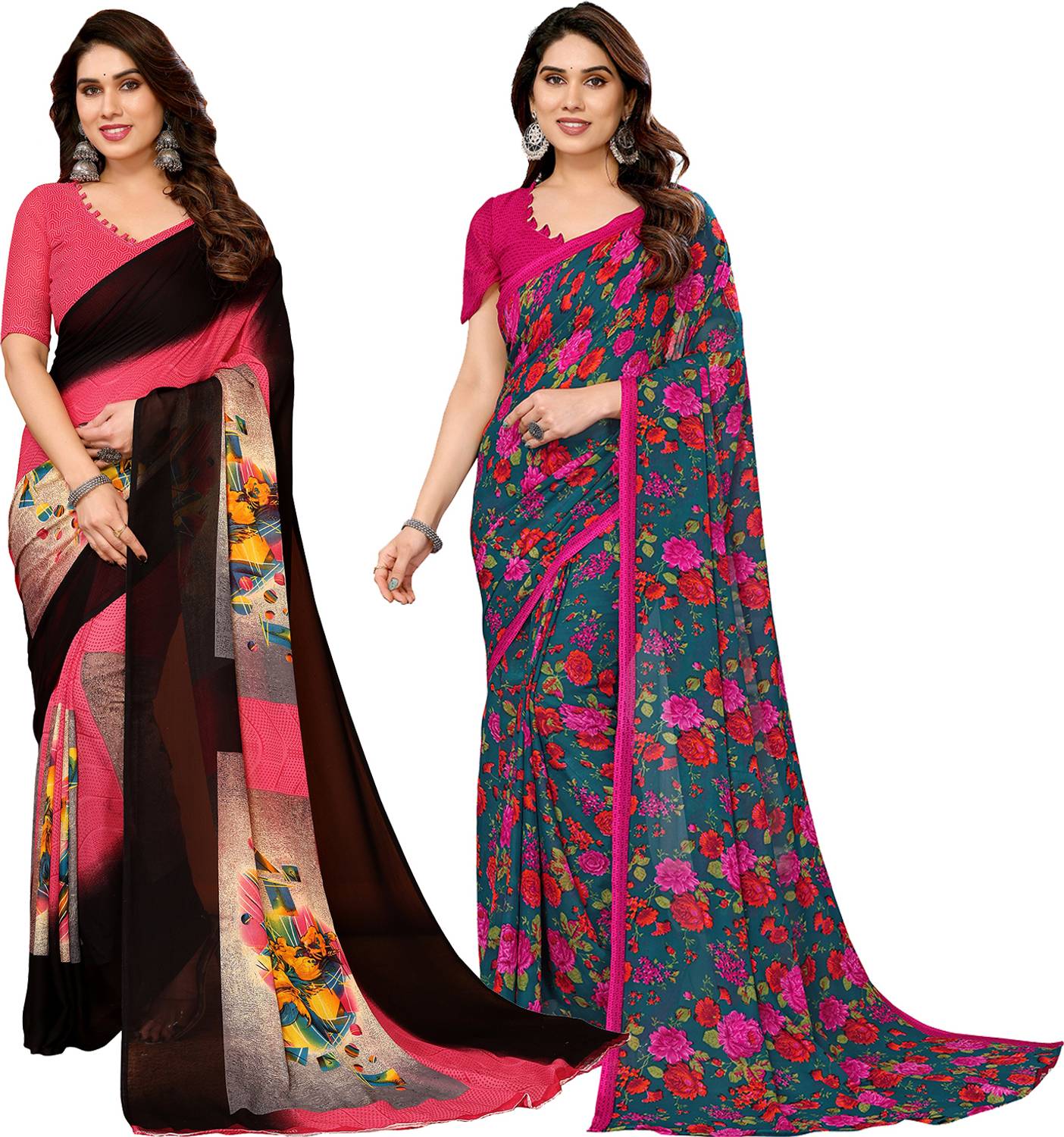 Anmi Paisley, Ombre, Geometric Print, Floral Print, Striped, Checkered, Self Design, Printed Daily Wear Georgette Saree