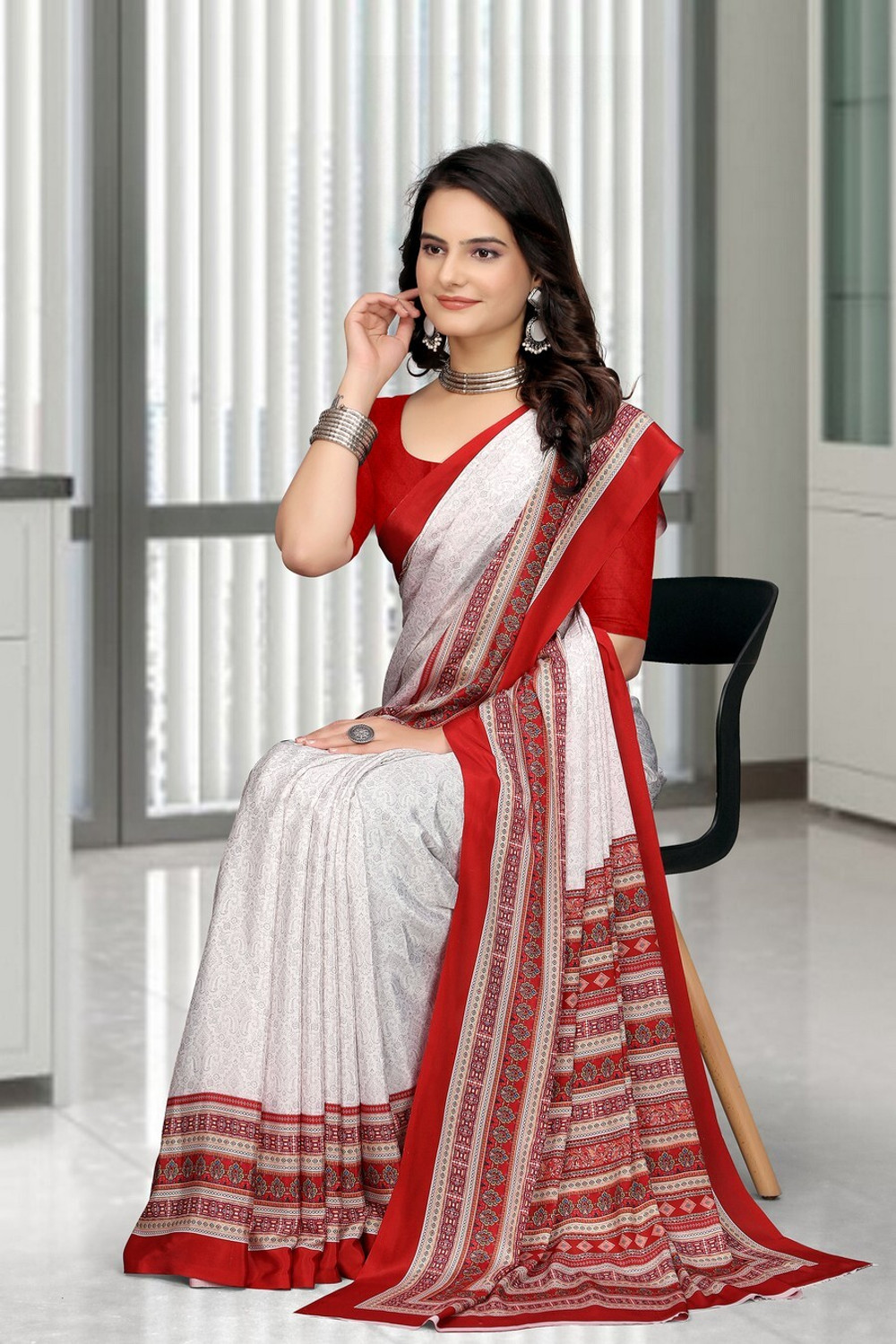 Image of SAADHYA CREATION Embroidered, Solid /Plain Bollywood Crepe Saree