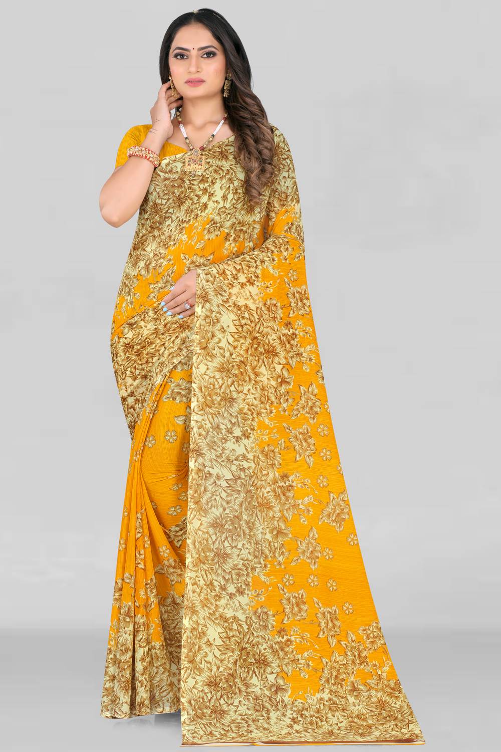 Leelavati Printed Daily Wear Georgette Saree (Yellow, Beige)