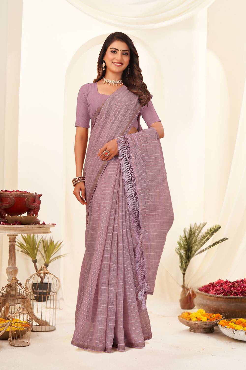 BATHANI CREATION Striped Bollywood Cotton Linen Saree