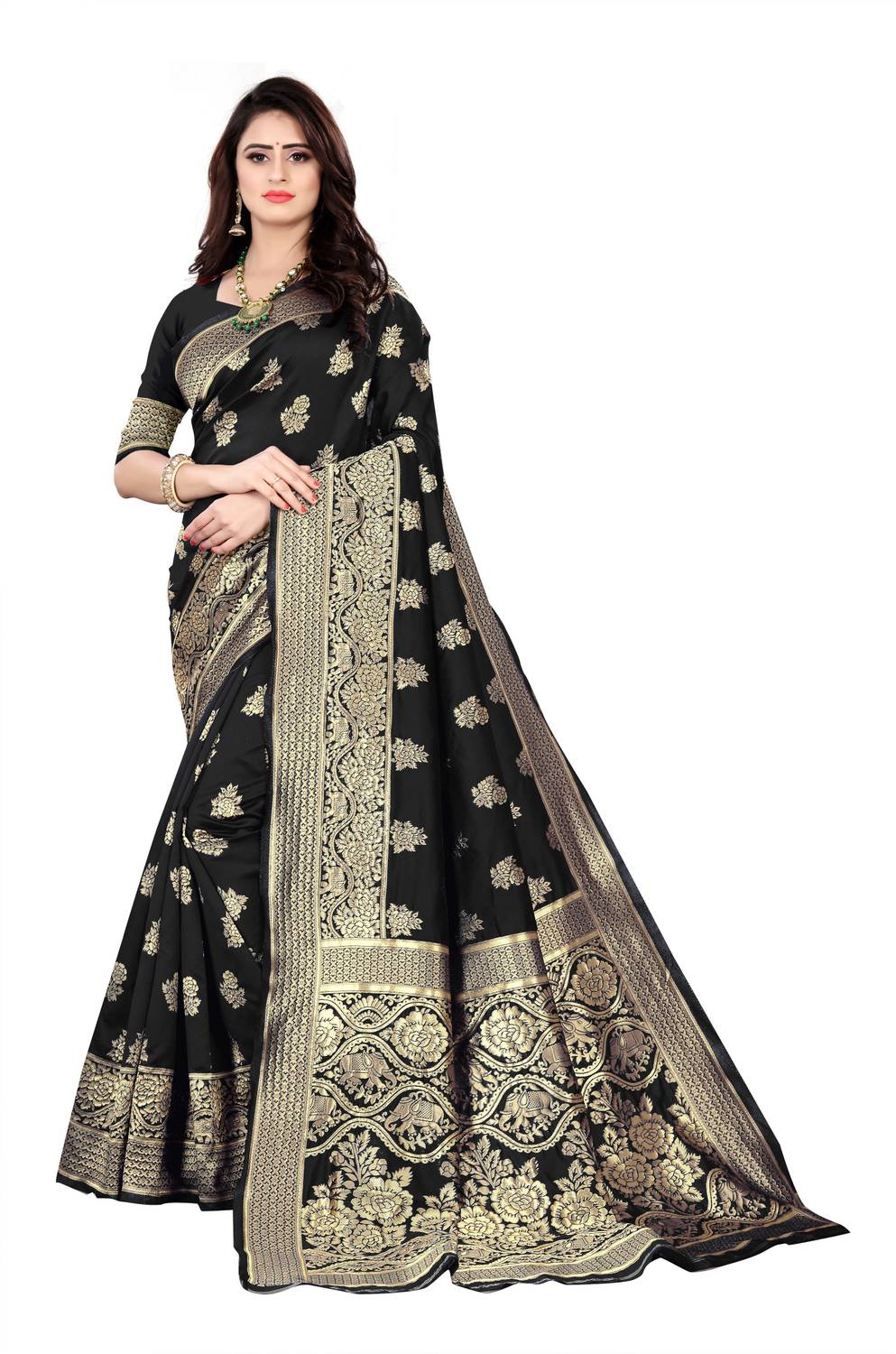 TIGERSNAKE Woven Kasavu Silk Blend Saree (Black)
