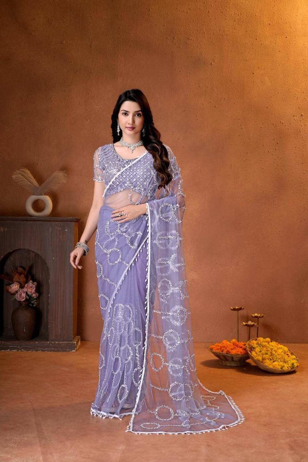 Image of EEMONY FASHION Embroidered Bollywood Net Saree