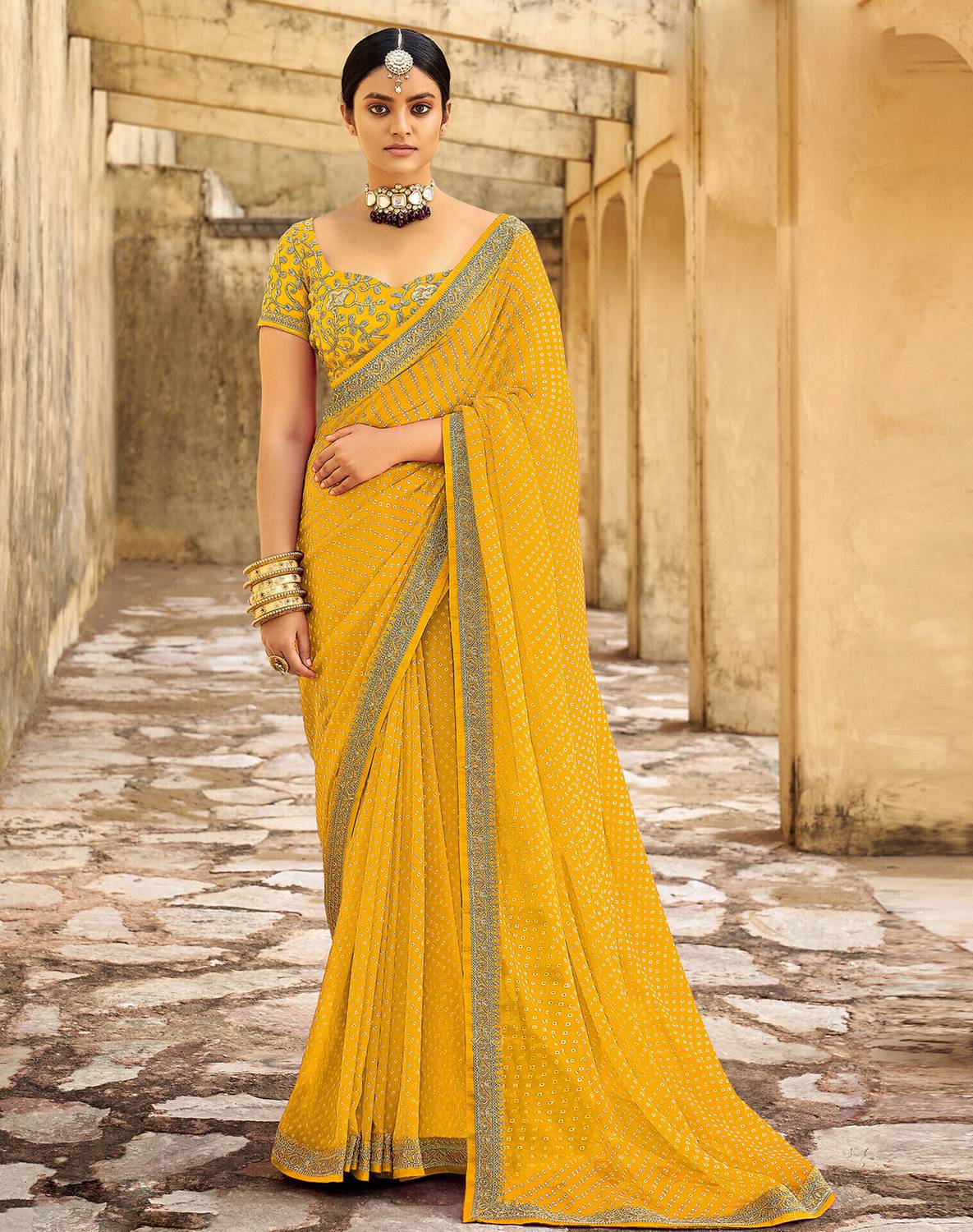 Siril Striped, Embellished Bandhani Georgette Saree (Yellow)