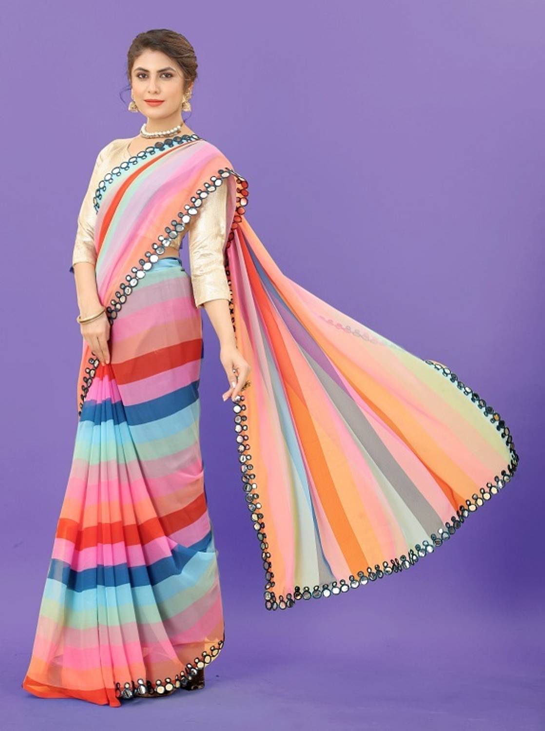 GAVUBAA Floral Print Bollywood Georgette Saree (Multicolor)