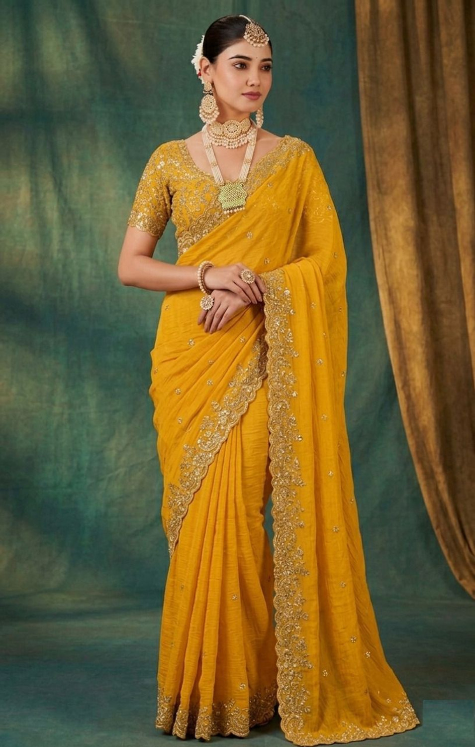 Image of Shree Paras Collection Embroidered, Embellished Bollywood Chiffon, Nylon Saree (Yellow)