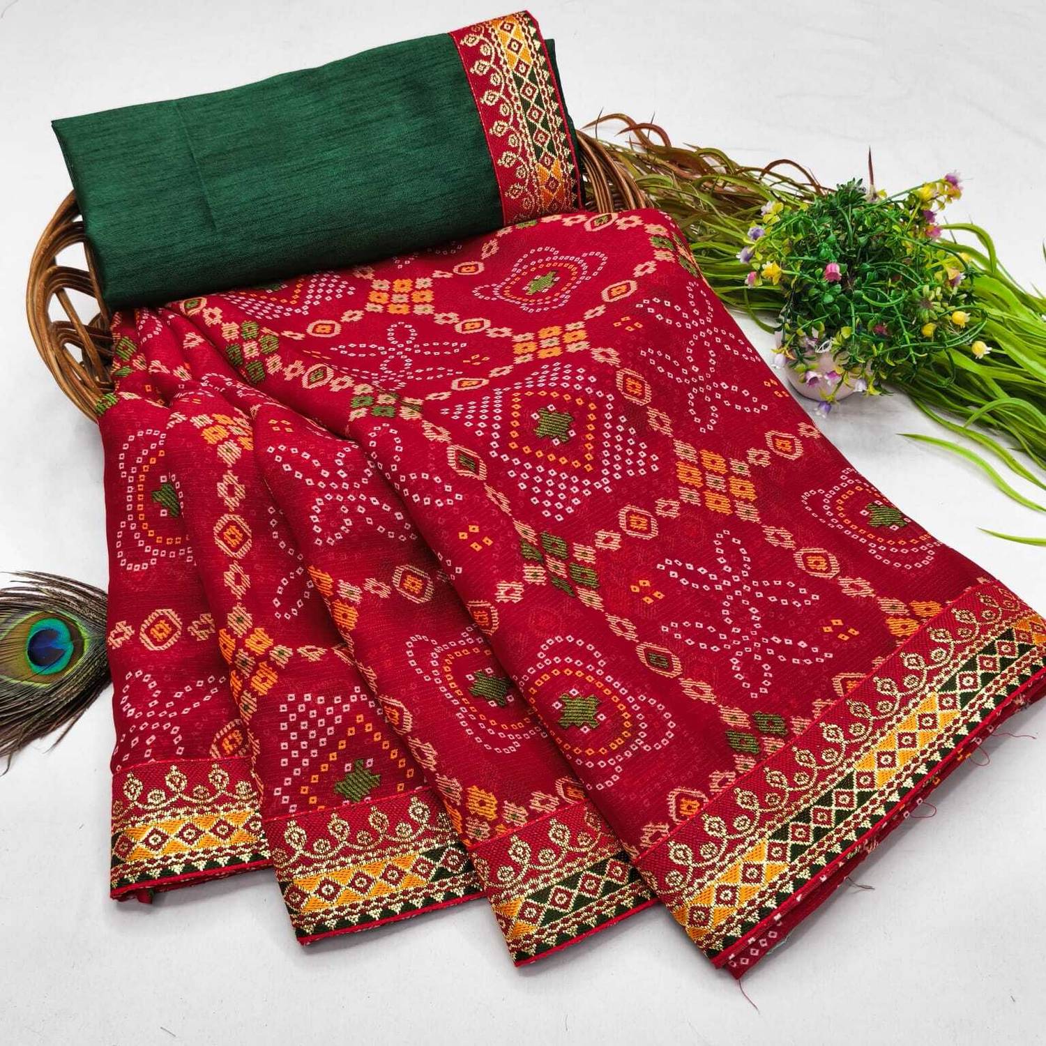 Diva Printed Bandhani Georgette Saree (Red)