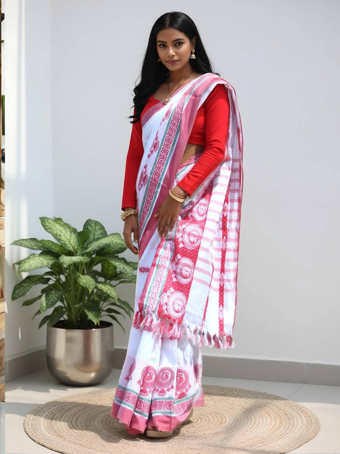 ADIVASI SHOP Solid/Plain Handloom Cotton Blend Saree