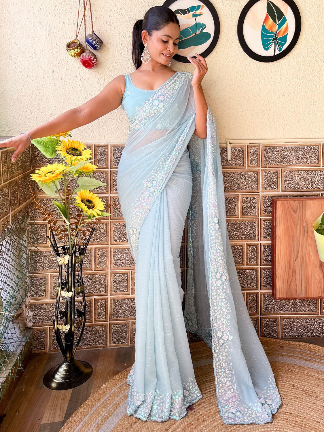 Image of Akhilam Embellished Bollywood Georgette Saree