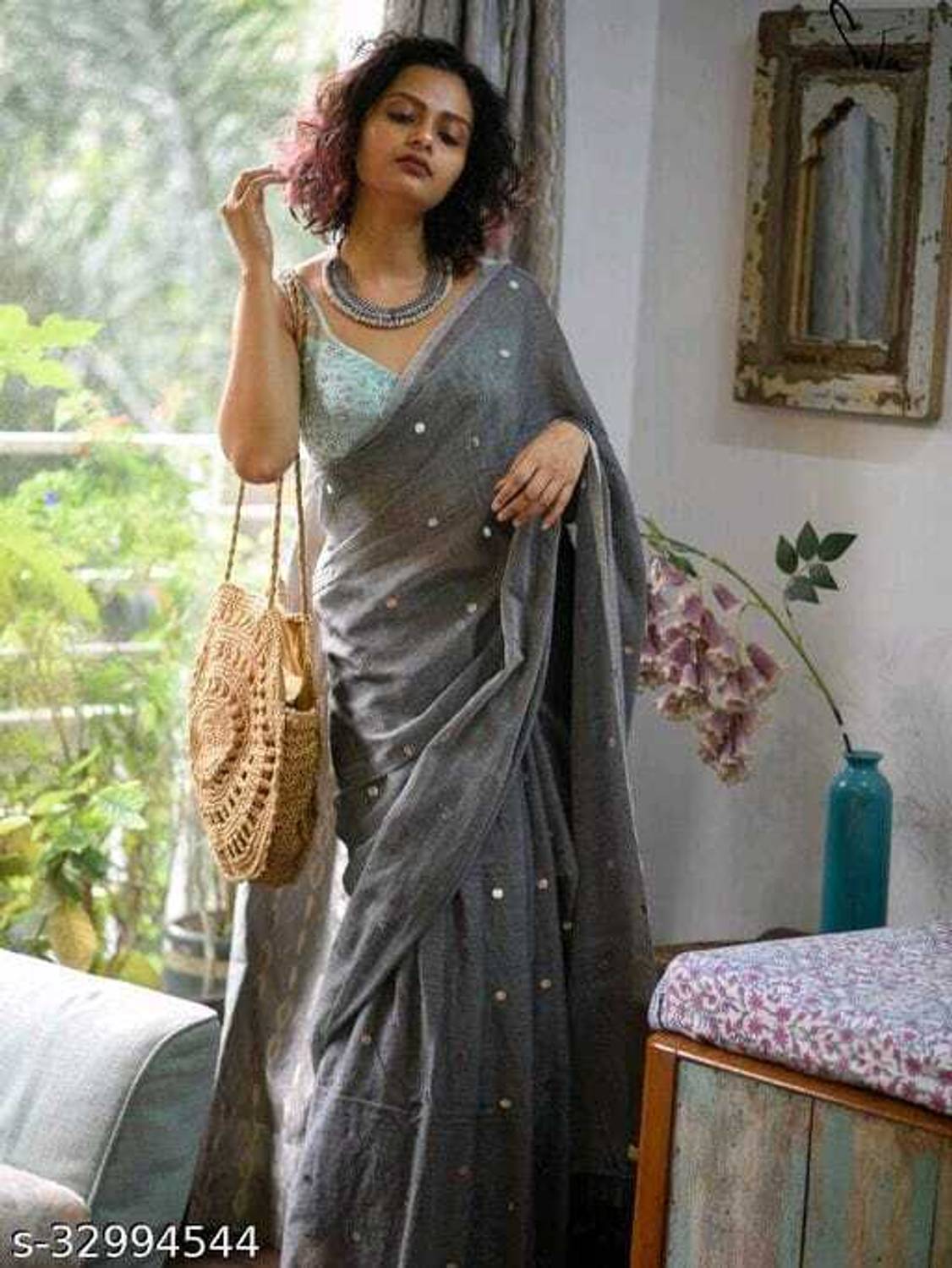 BRYNBRIT Polka Print, Embellished Handloom Cotton Blend Saree