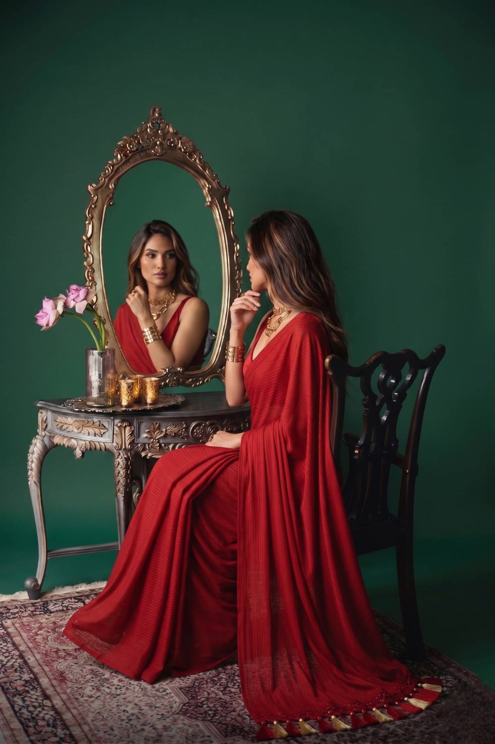 HNC Retail Solid/Plain Bollywood Lycra Blend, Chiffon Saree (Red)
