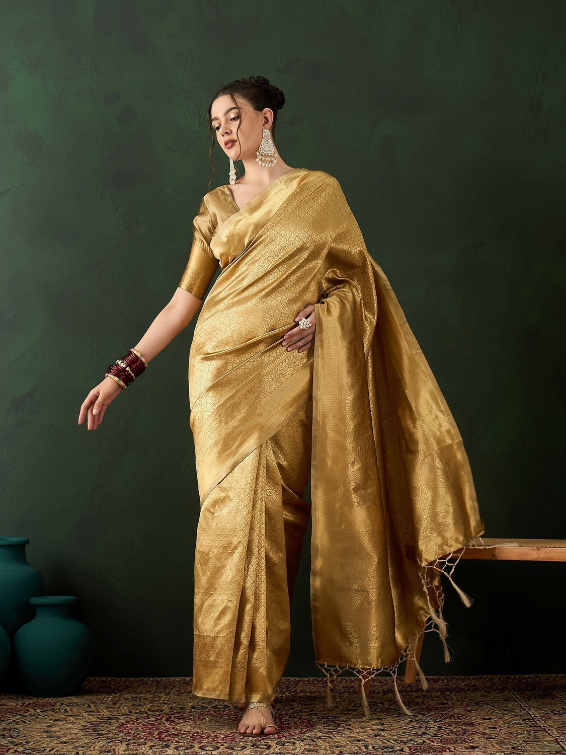 Image of Sangria Woven, Self Design Banarasi Silk Blend, Jacquard Saree