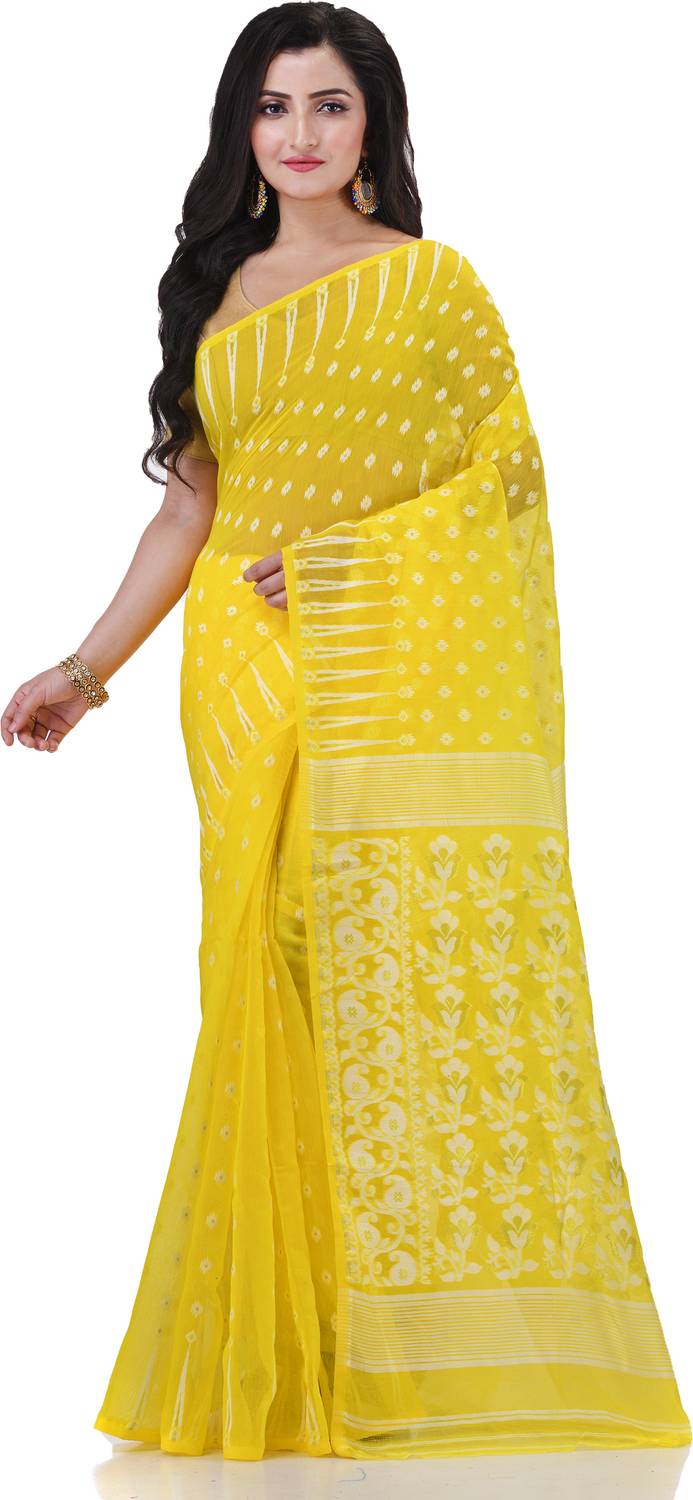 TANTLOOM Woven Jamdani Handloom Cotton Blend Saree (Yellow)