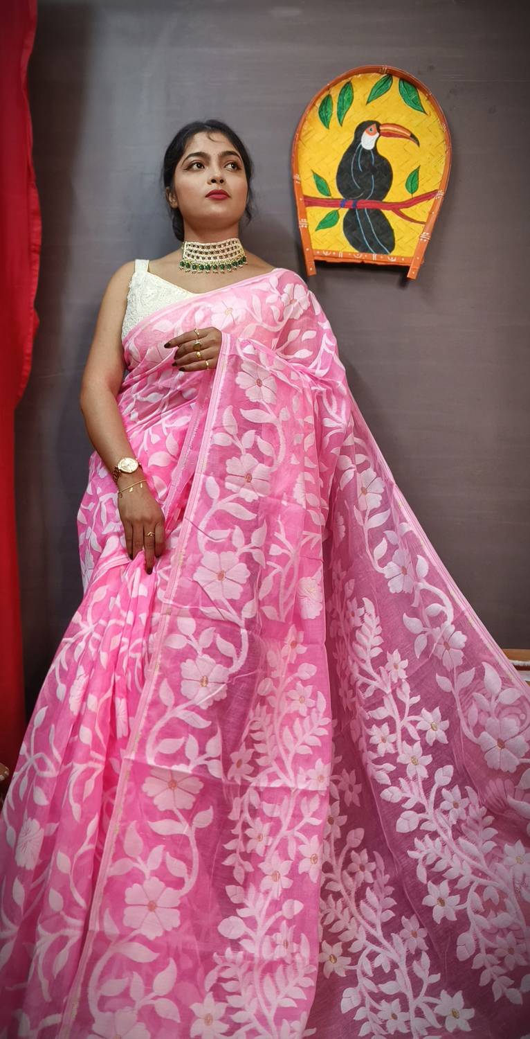 bongstyle Woven Jamdani Cotton Silk Saree (Purple)