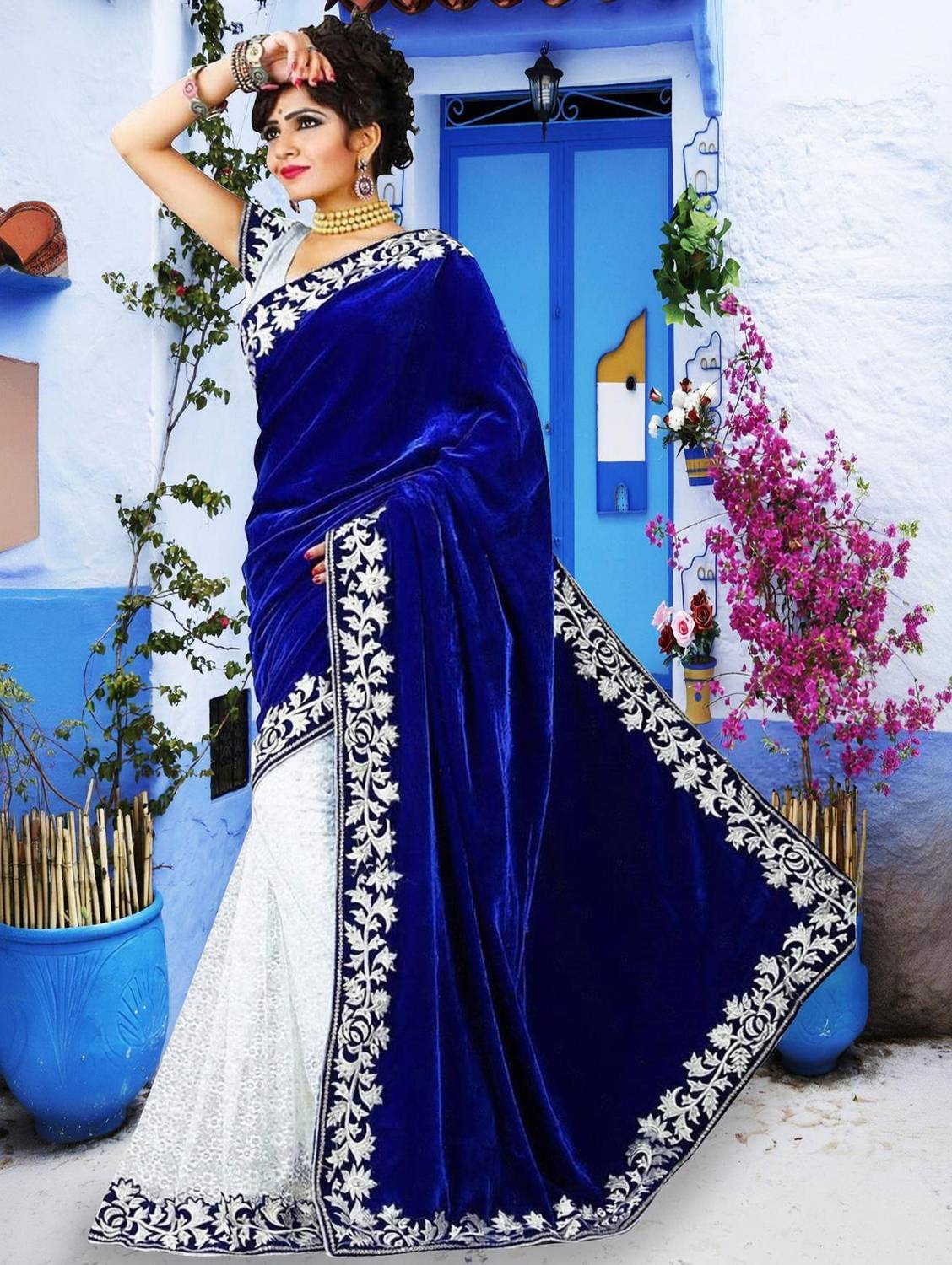 Anugrah Textile Embroidered Banarasi Net, Velvet Saree