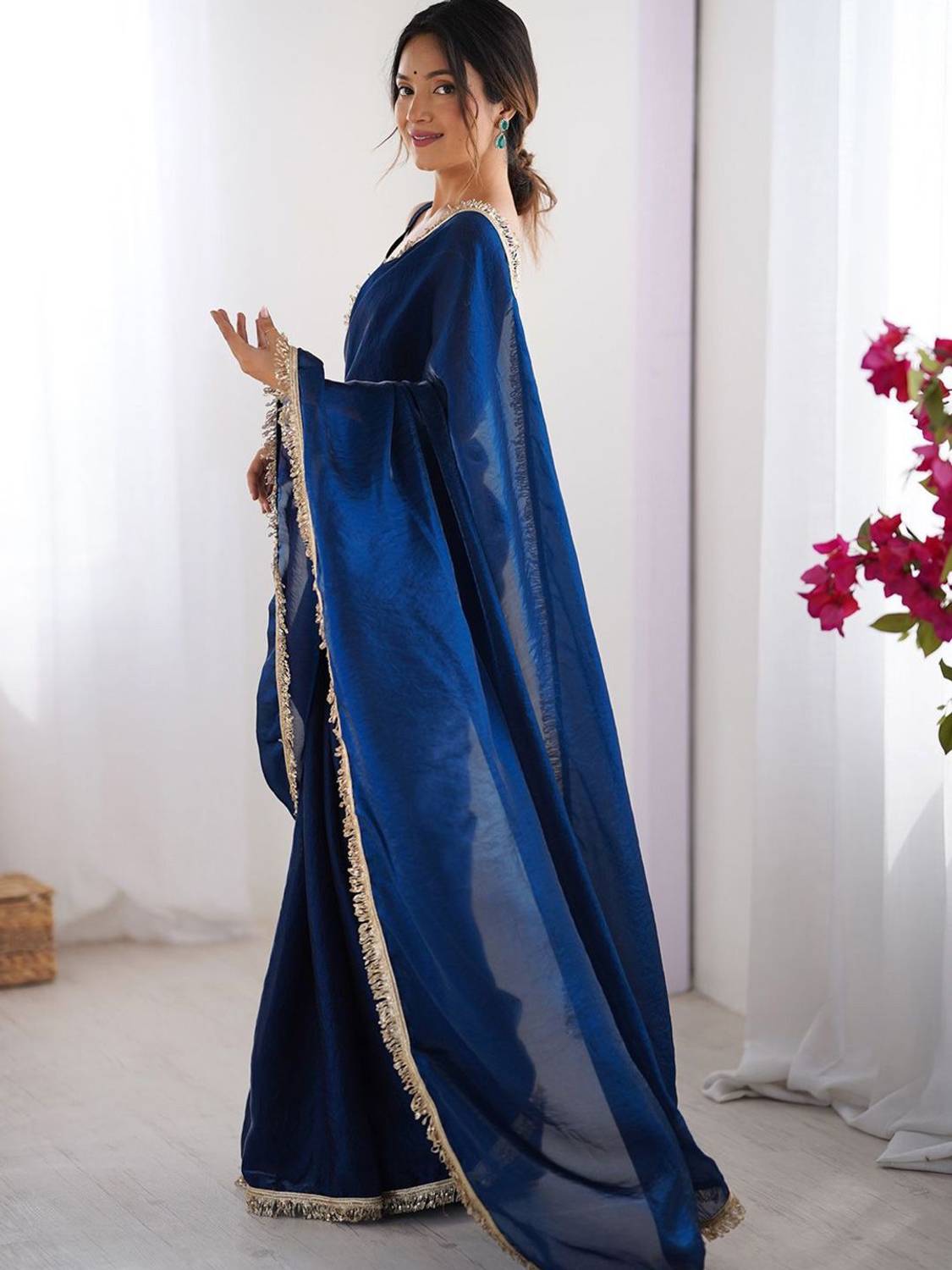 MANUBA Enterprise Blue Daily Wear Satin Saree - Image 3