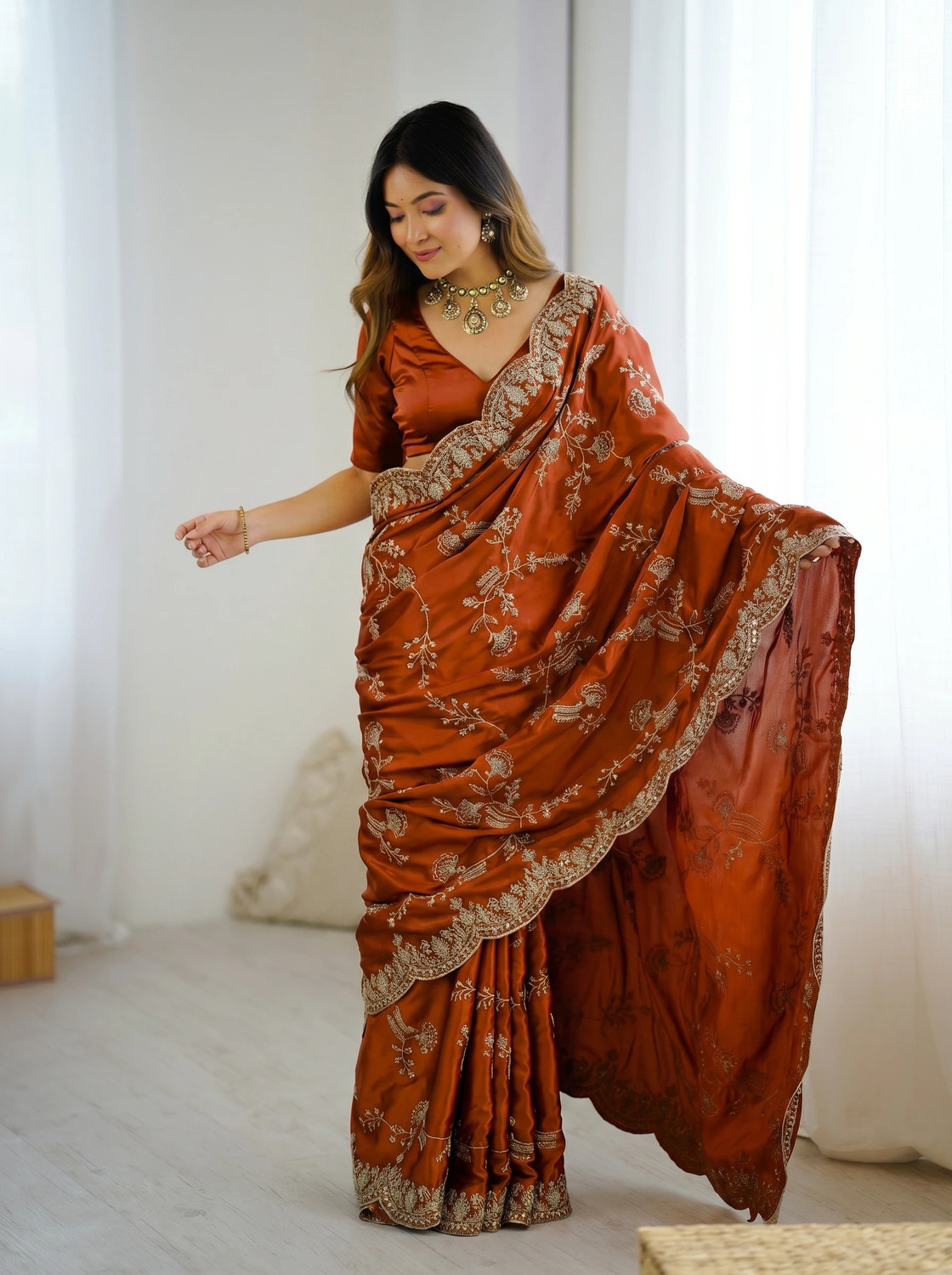 Image of SARETRA MALL Embroidered Bollywood Satin Saree