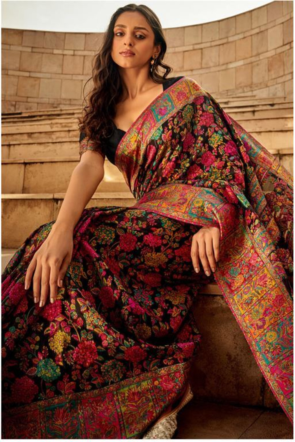 Image of FABKIND Floral Print Banarasi Cotton Silk Saree (Multicolor)