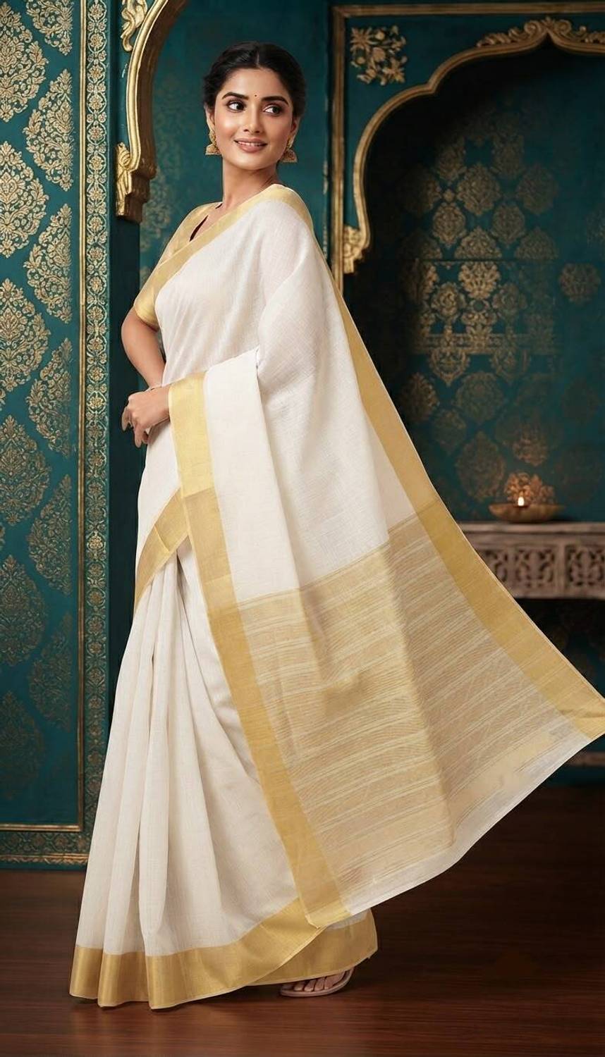 Madhuvan Ethnics Solid/Plain Kasavu Pure Cotton Saree