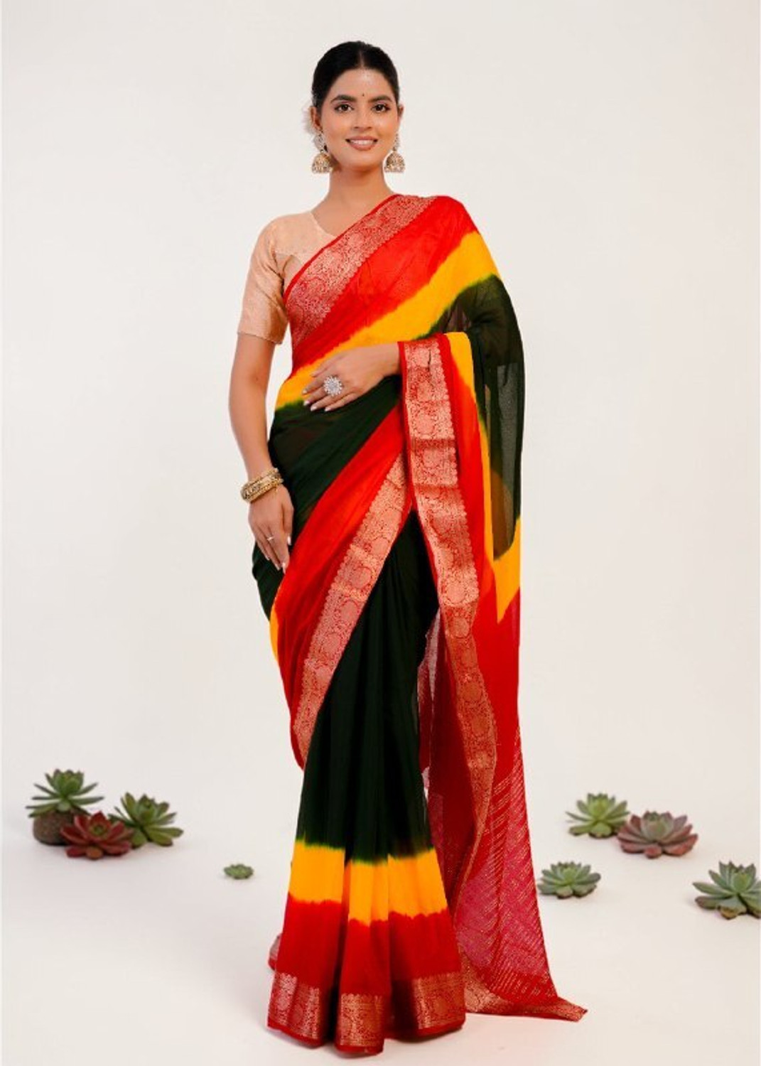 Image of KALYANSAREE Color Block Leheria Art Silk, Nylon Saree