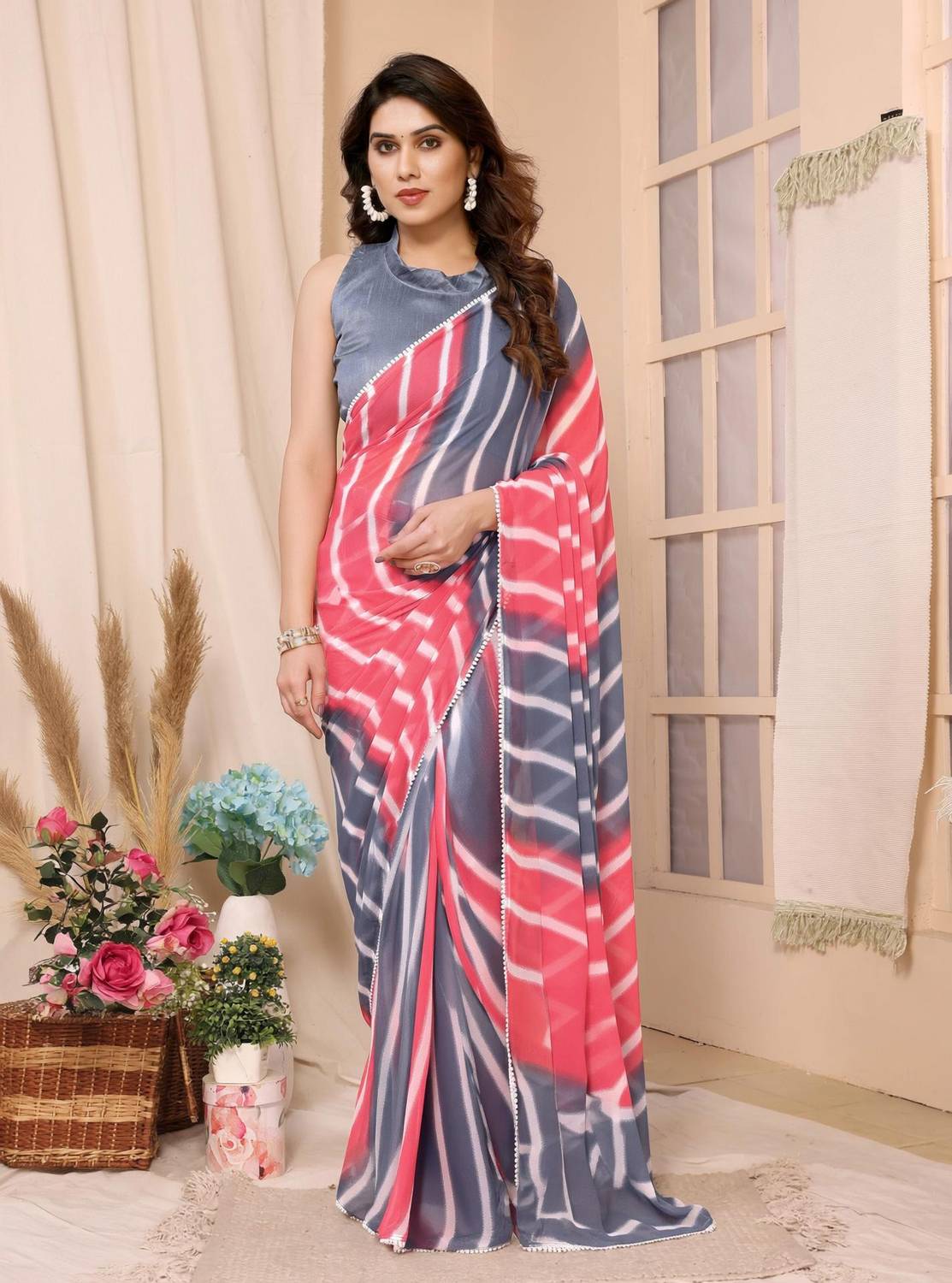 Upalksh Self Design, Woven, Printed, Floral Print, Striped Bollywood Chiffon, Silk Blend Saree