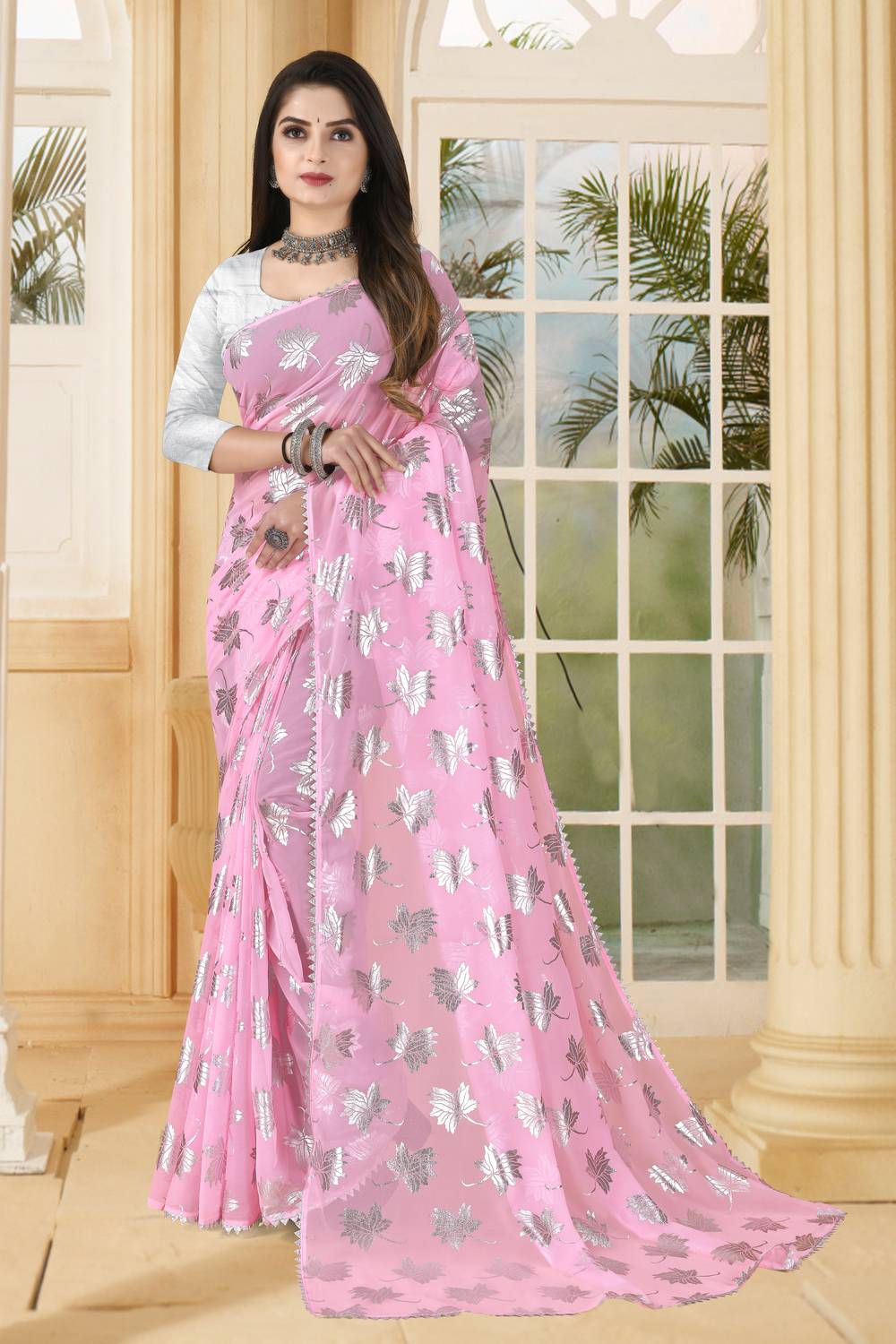 ABRUZZO Printed, Temple Border, Self Design Bollywood Georgette, Chiffon Saree