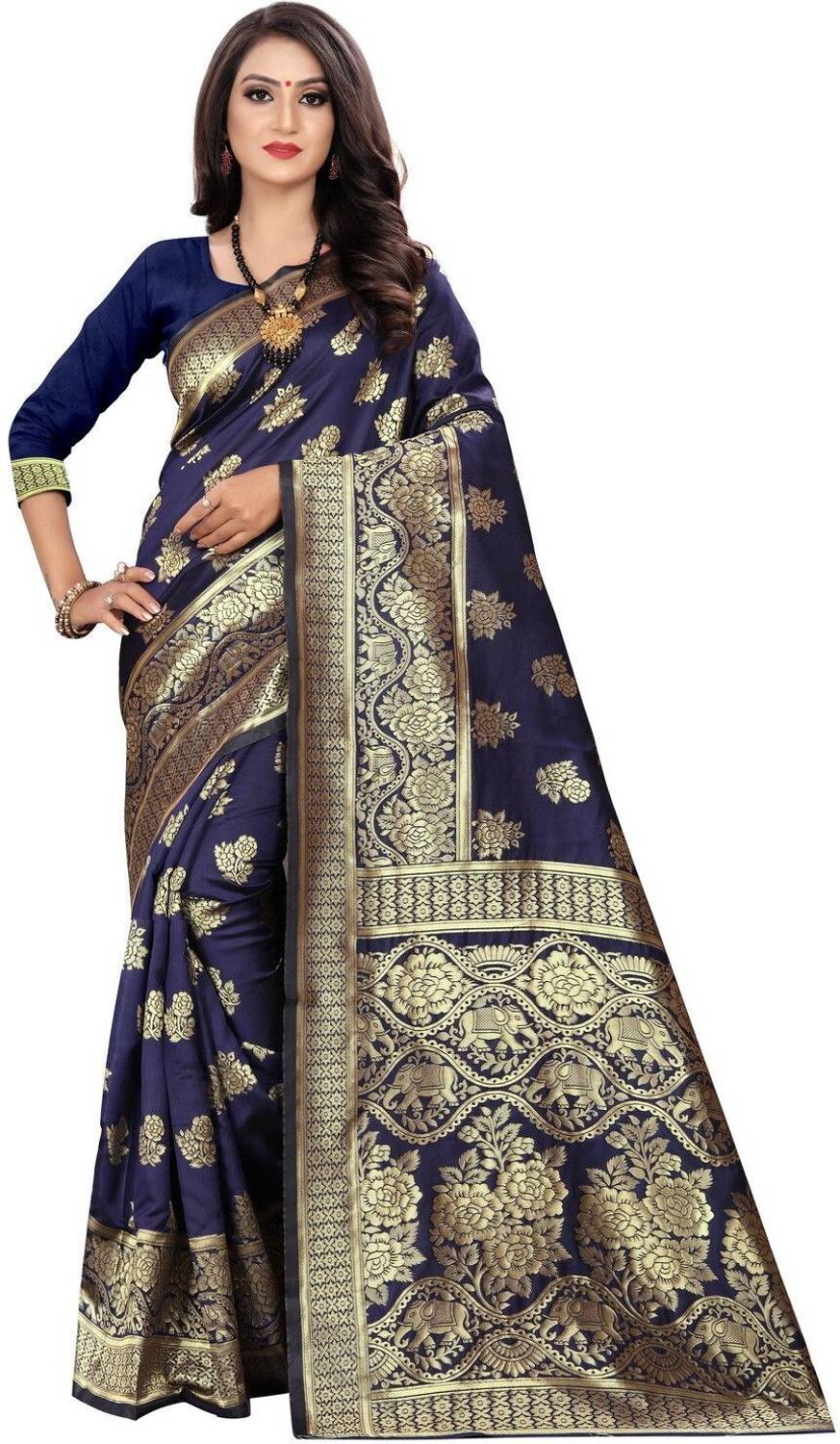 TIGERSNAKE Woven Kasavu Silk Blend Saree (Dark Blue)
