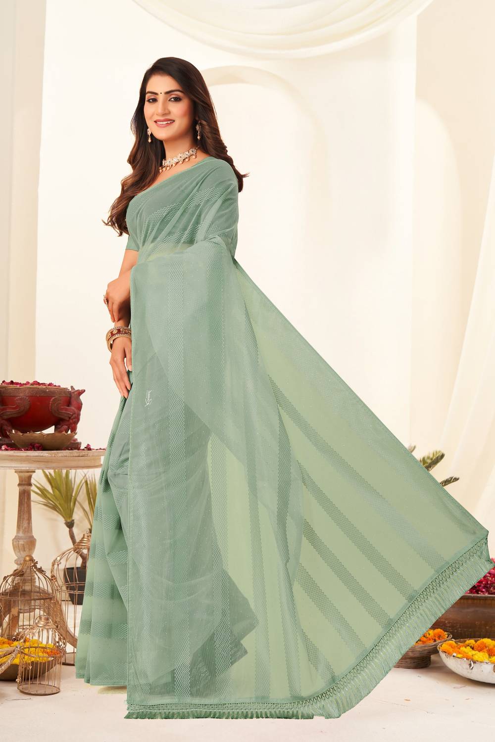 BATHANI CREATION Solid/Plain Bollywood Organza Saree