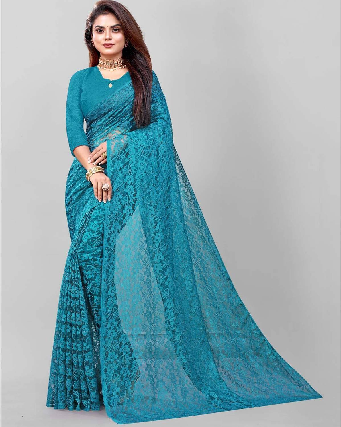 Cherry tex Floral Print Bollywood Net Saree
