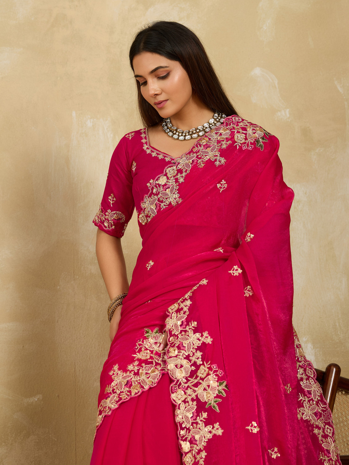 Image of SARETRA MALL Embroidered, Embellished, Floral Print Bollywood Tissue, Organza Saree