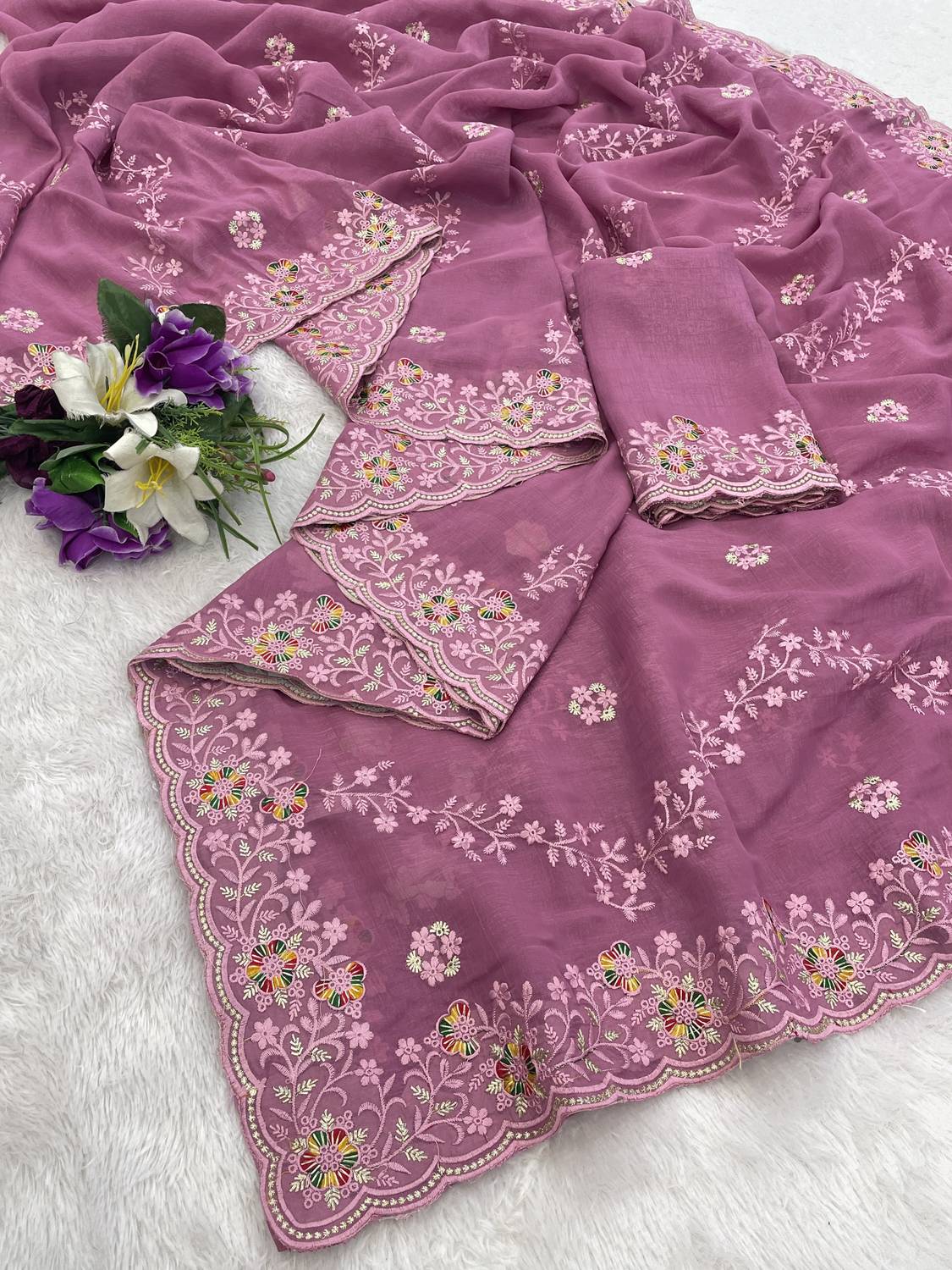 niesha fashion Embroidered Bollywood Shifon Sari - Image 4
