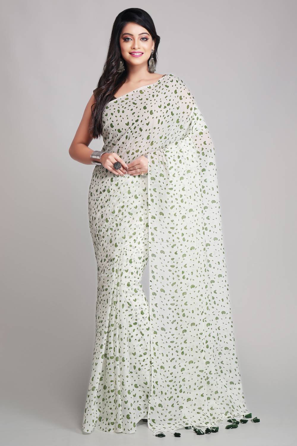 WoodenTant Printed Daily Wear Pure Cotton Saree (White, Light Gre