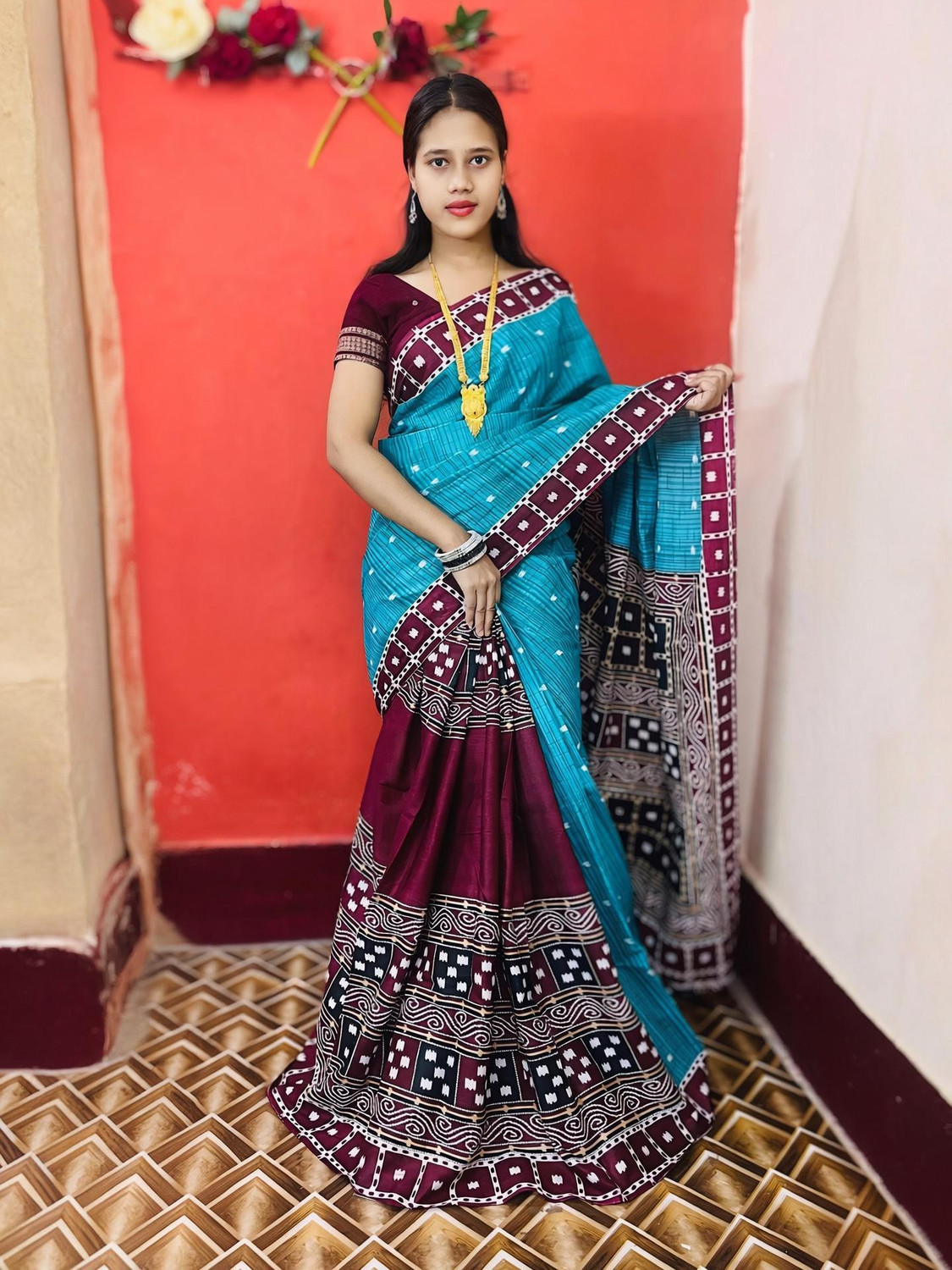 Image of ARTFULTHREADS Printed, Graphic Print Sambalpuri Pure Cotton Saree