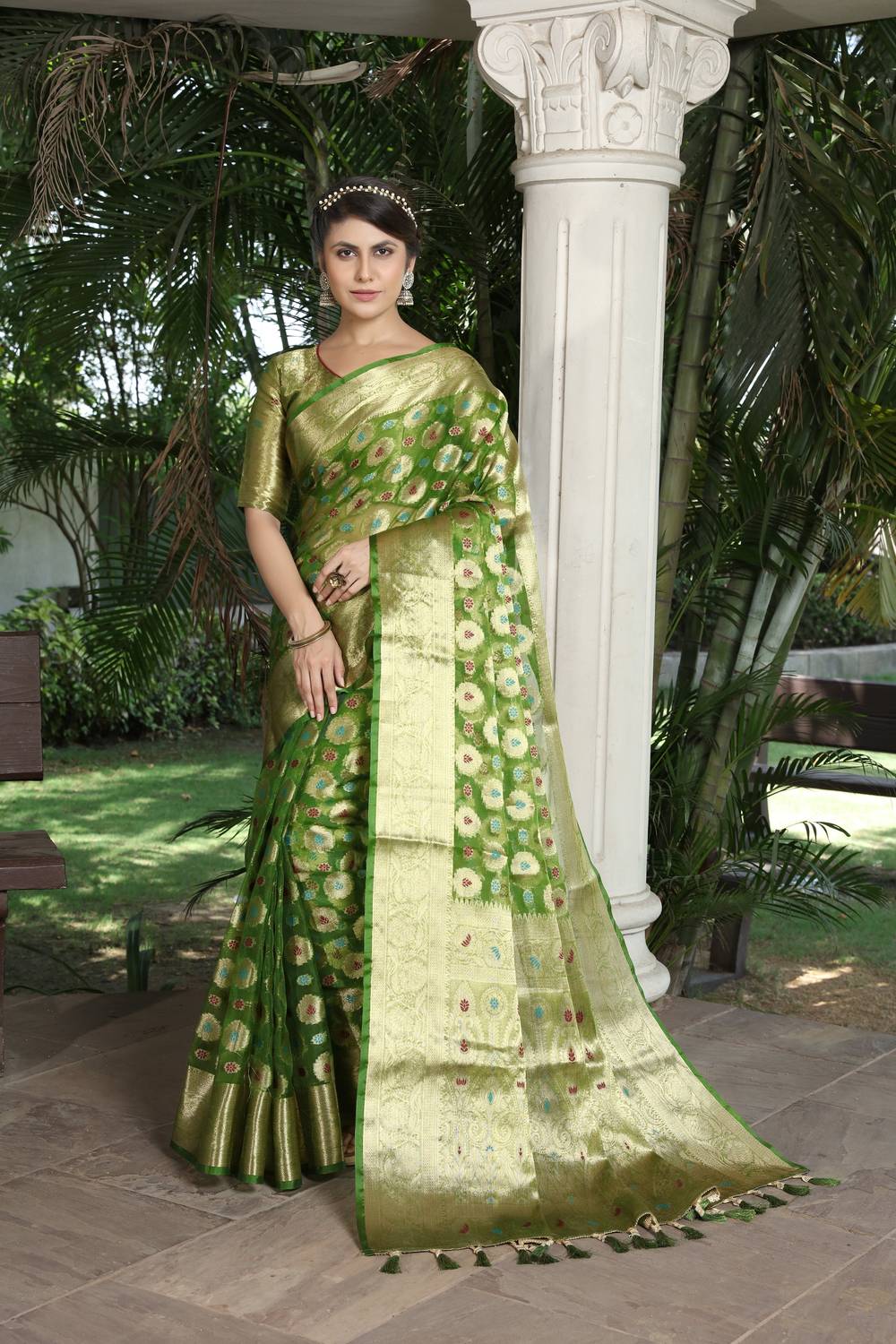 DHRUVIL TEXTILES Self Design Banarasi Organza Saree (Multicolor)