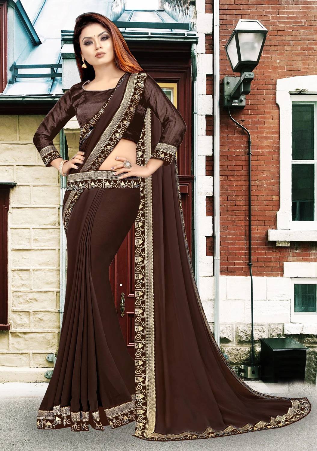 HNC Retail Solid/Plain Bollywood Lycra Blend, Chiffon Saree (Brow