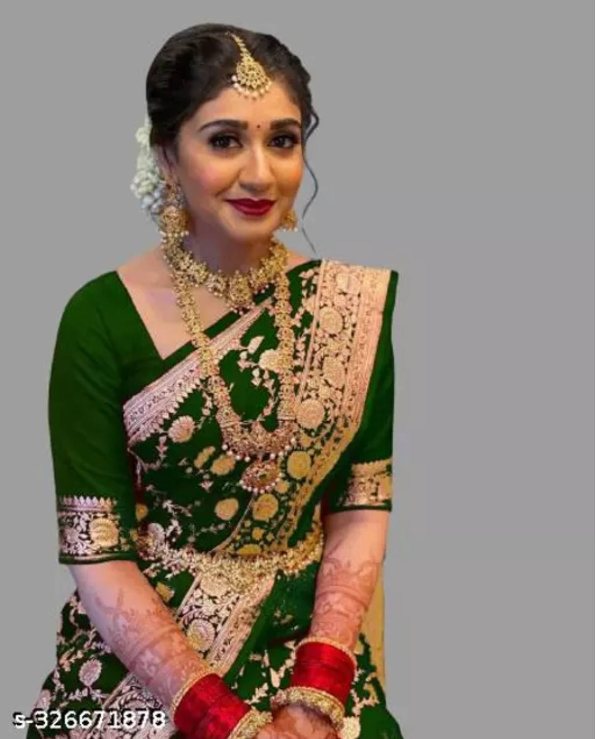 Banaras silk palace Woven Banarasi Silk Blend Saree (Dark Green)