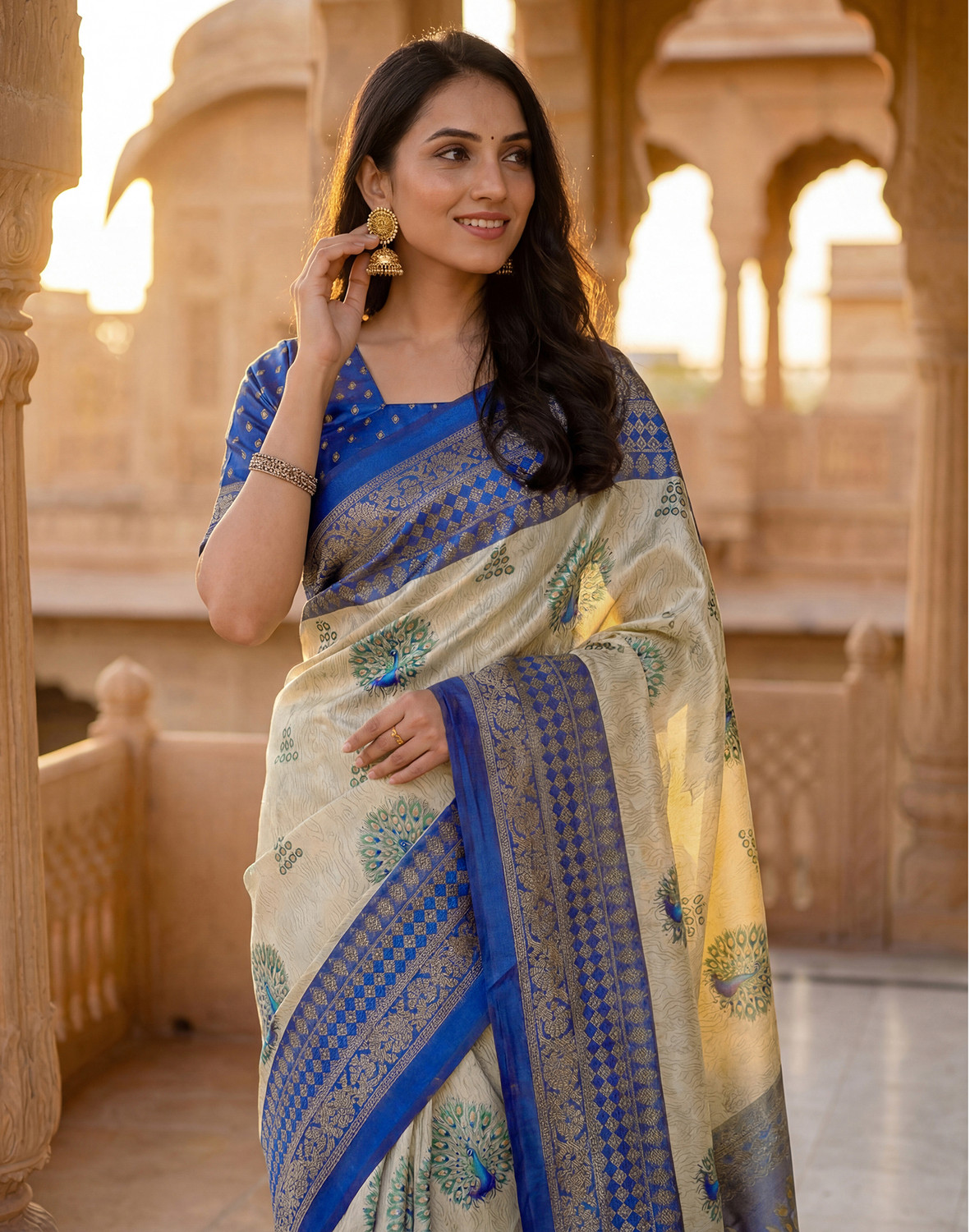 Image of Satrani Printed, Embellished Pre Draped Saree Silk Blend Saree