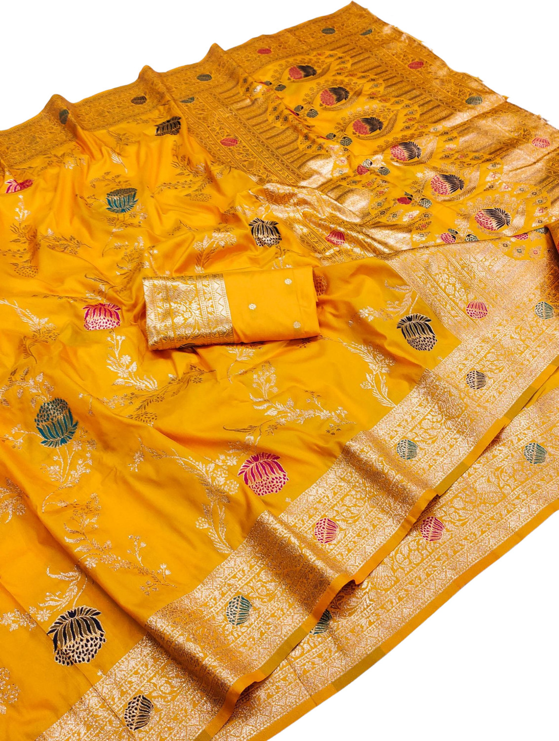 Image of Ratnavali Self Design Banarasi Silk Blend, Art Silk Saree (Gold)