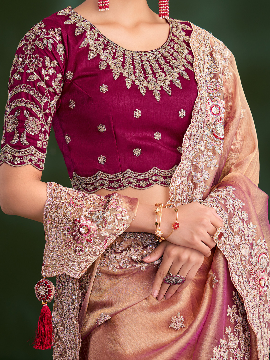 Image of House of Pataudi Embroidered, Floral Print, Self Design Bollywood Tissue Saree