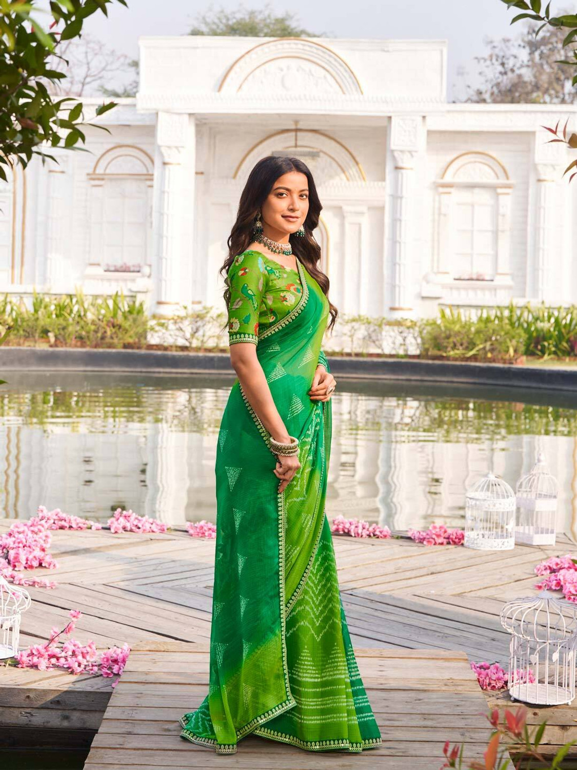 Image of Laxmipati sarees Printed Bollywood Chiffon Saree (Green)