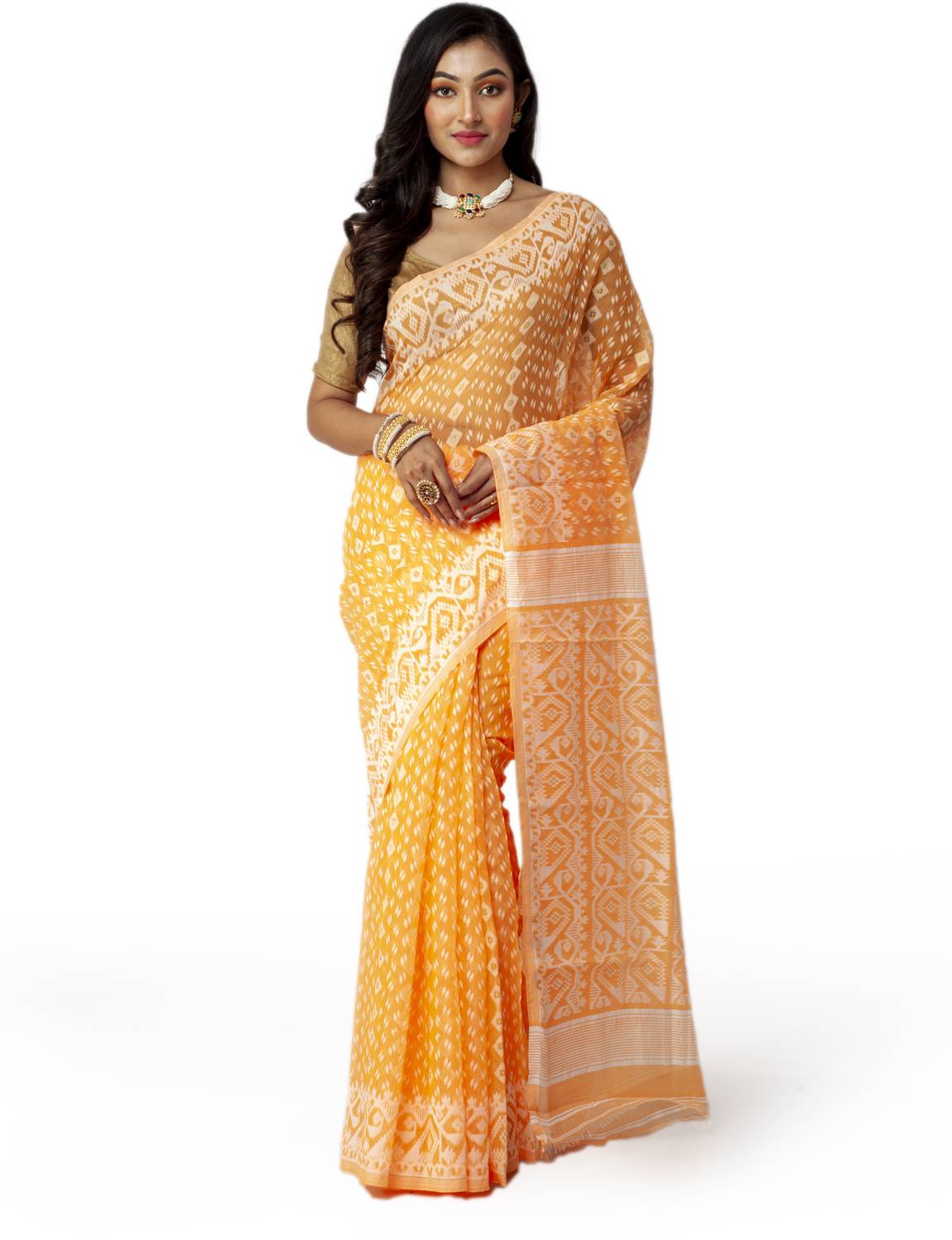 New Sareee Center Woven Jamdani Pure Cotton Saree (Yellow)
