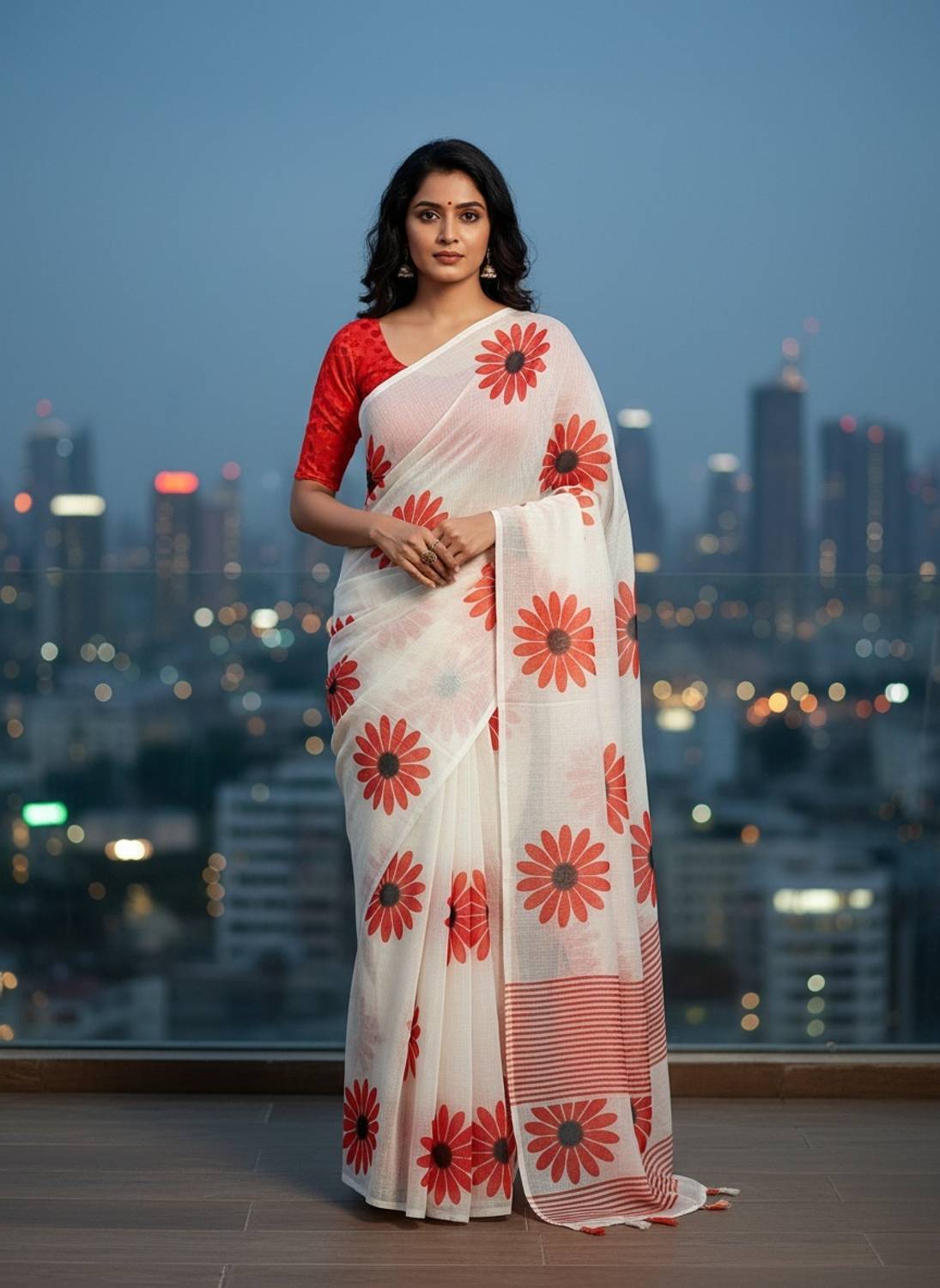 Bandhanivilla Digital Print, Floral Print Bollywood Linen Saree
