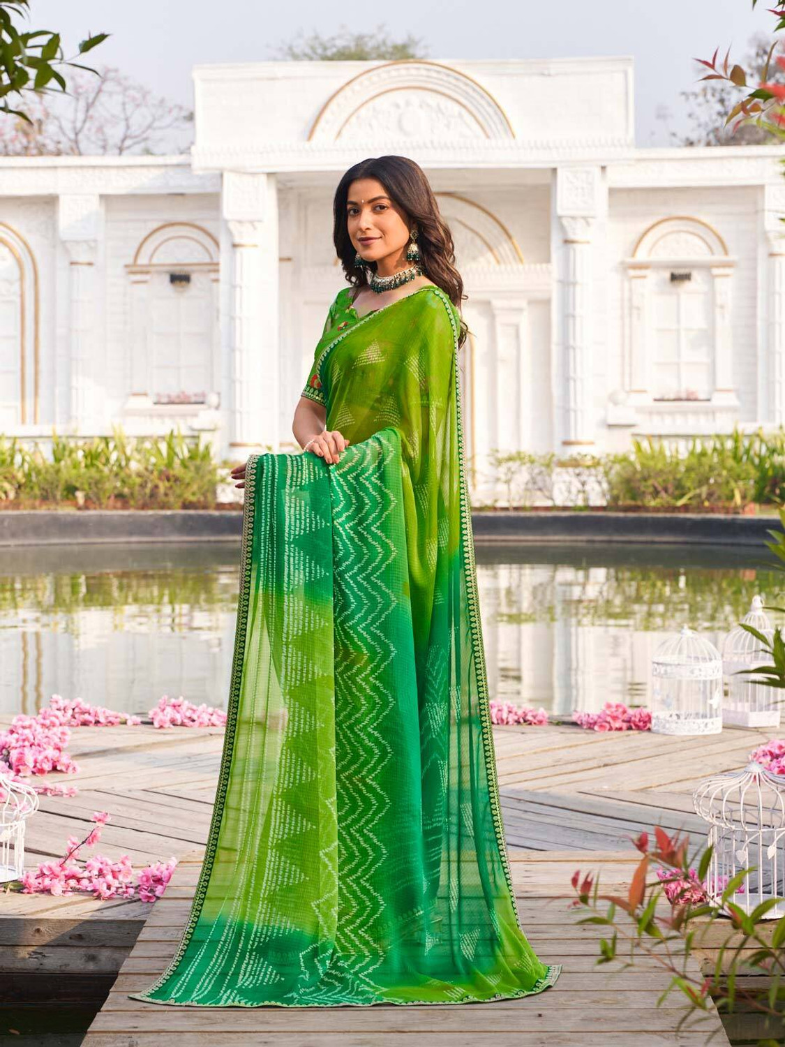 Image of Laxmipati sarees Printed Bollywood Chiffon Saree (Green)