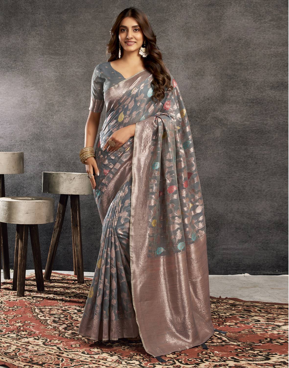 Satrani Dyed, Woven, Embellished Chanderi Silk Blend Saree (Grey,